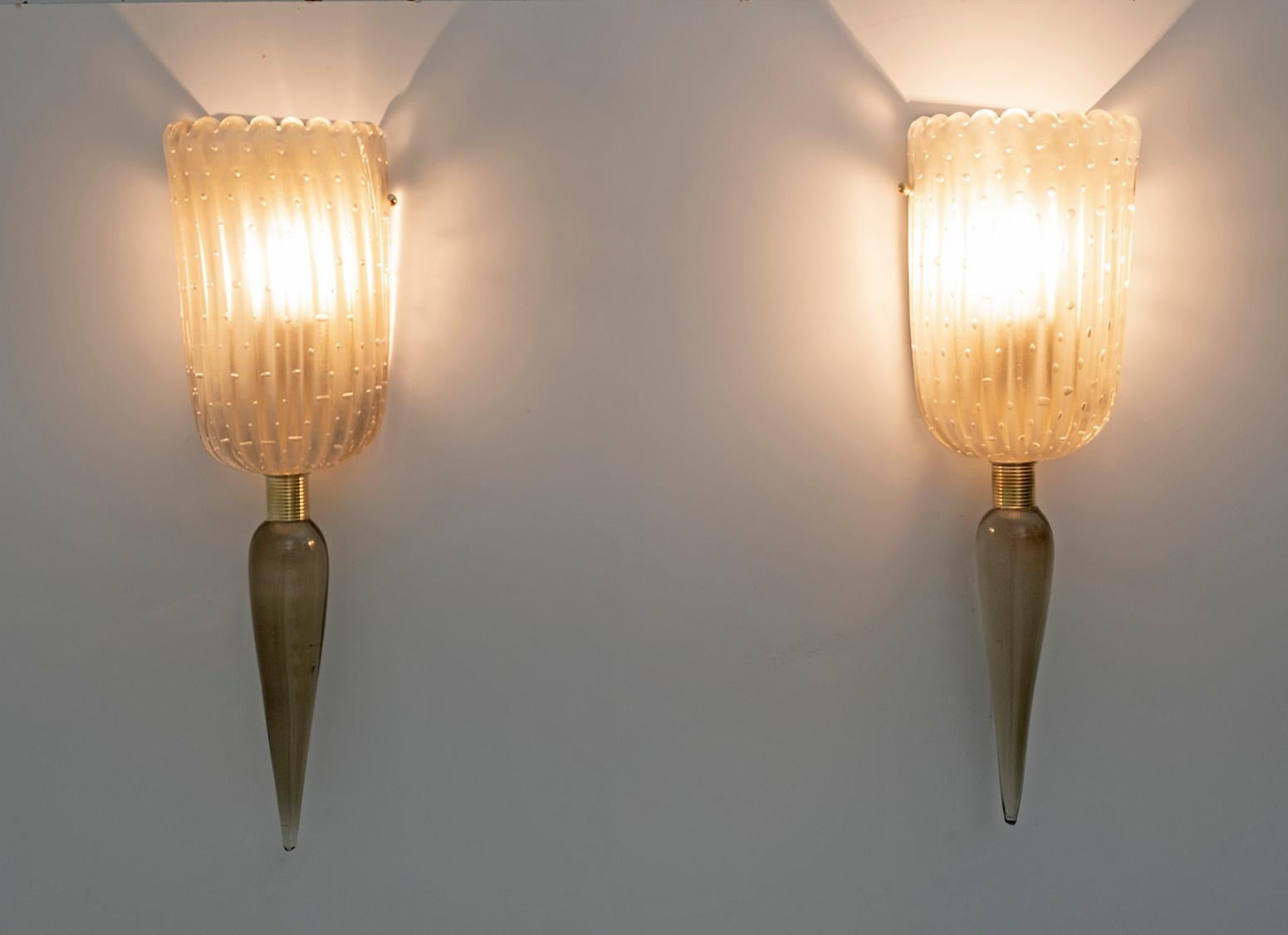 Italian Pair of Barovier & Toso Mid-Century Modern Murano Glass Sconces