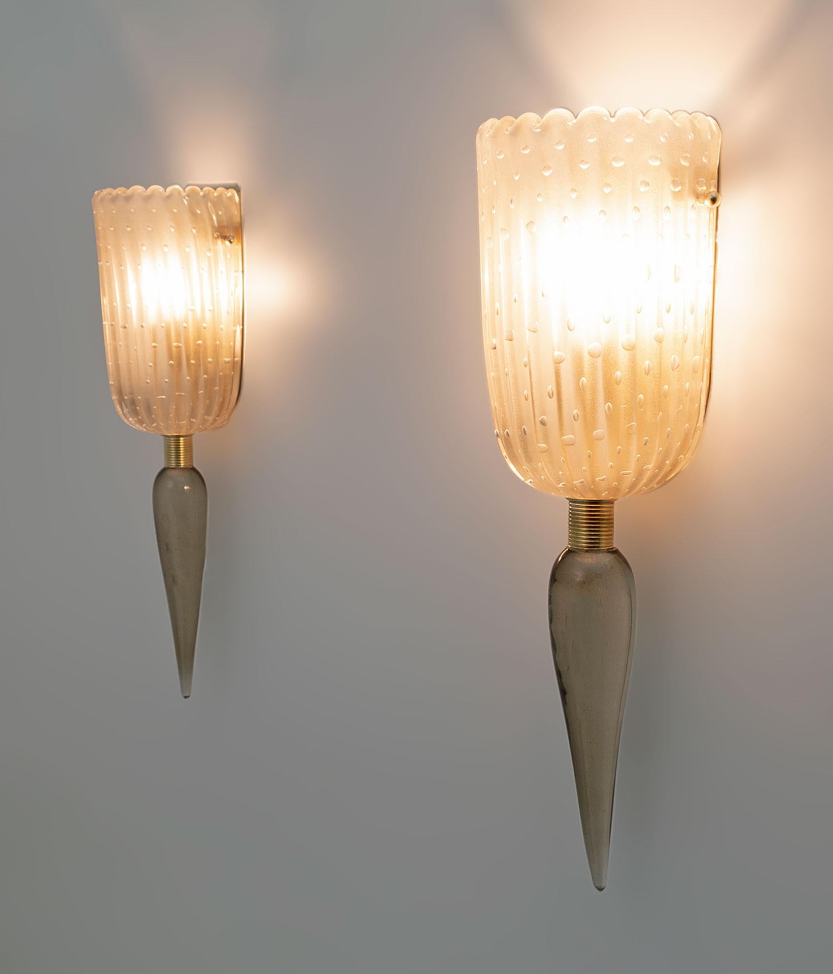 Brass Pair of Barovier & Toso Mid-Century Modern Murano Glass Sconces