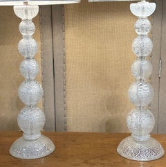 Pair of Barovier & Toso Murano Atmospheric Silver Leaf Glass Lamps, Late 20th C