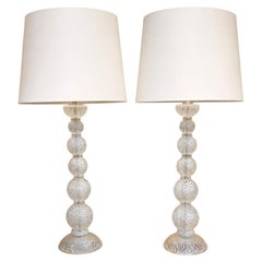 Pair of Barovier & Toso Murano Atmospheric Silver Leaf Glass Lamps, Late 20th C