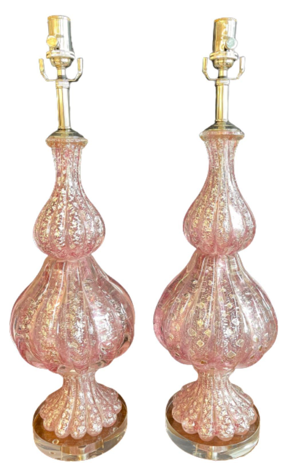 Art Deco Pair of Barovier & Toso Murano Glass Lamps Lucite Base