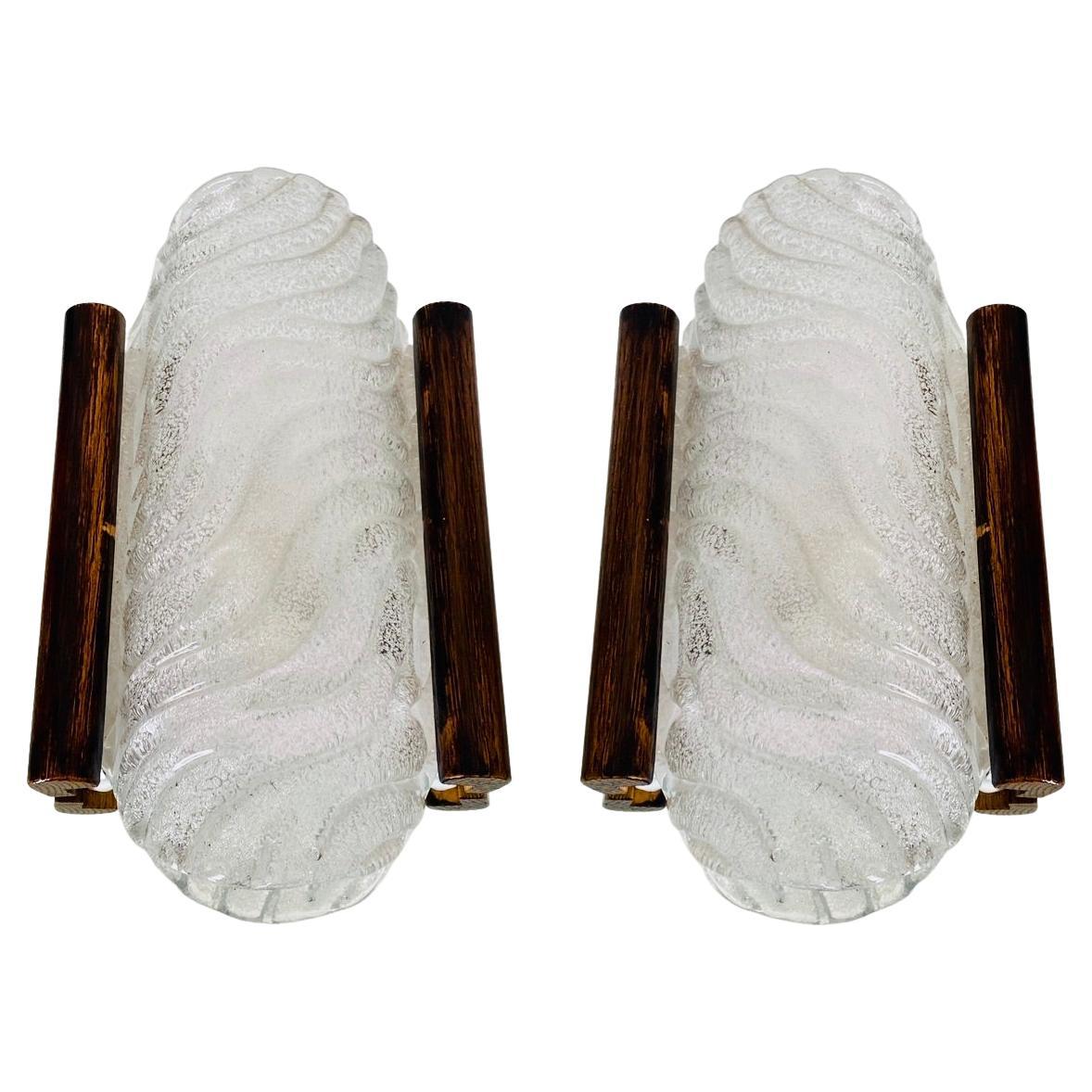 Pair of Barovier & Toso Murano Glass Sconces with Wood Frame, Italy c. 1950