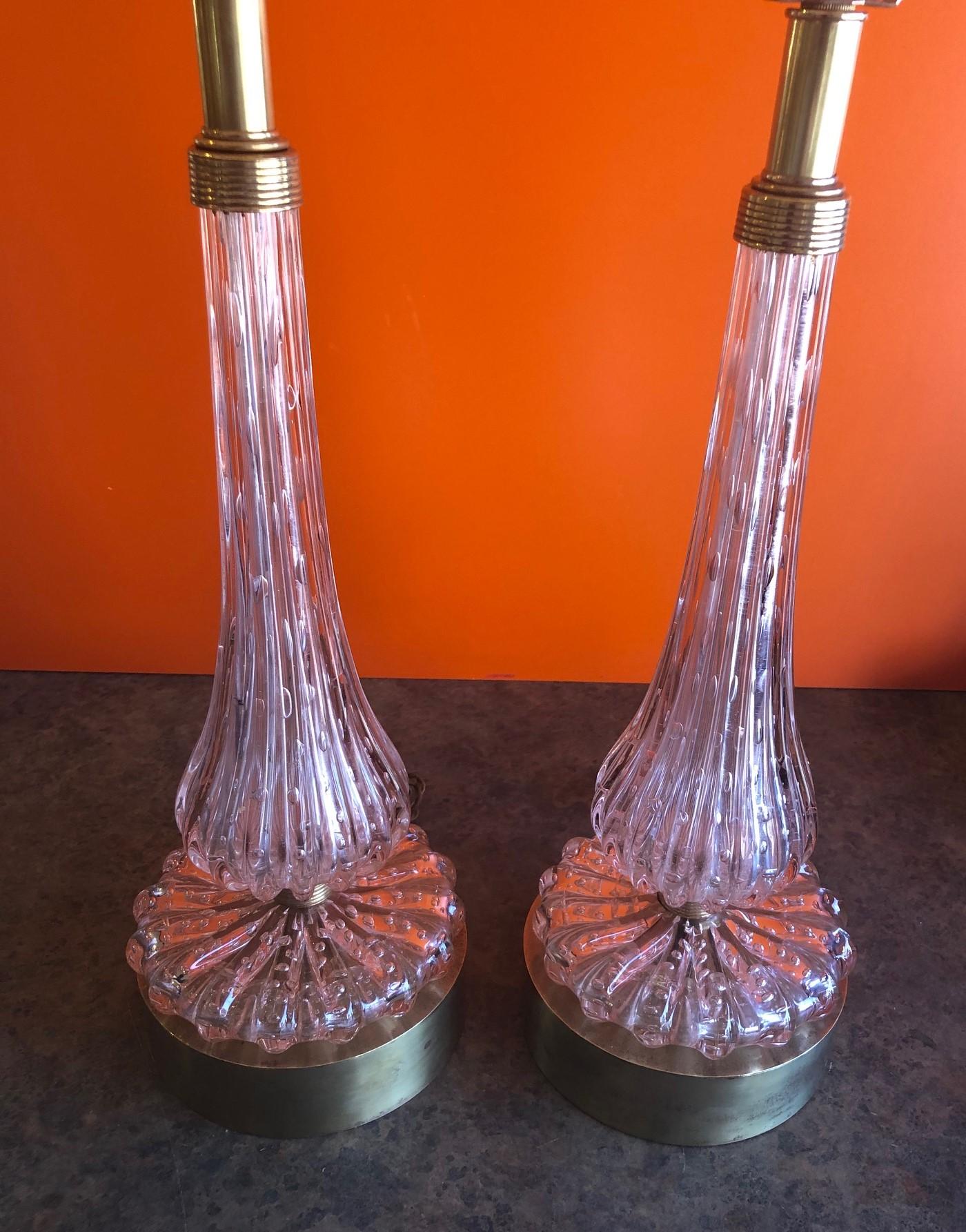 Mid-Century Modern Pair of Barovier & Toso Pink Bullicante Murano Glass Table Lamps