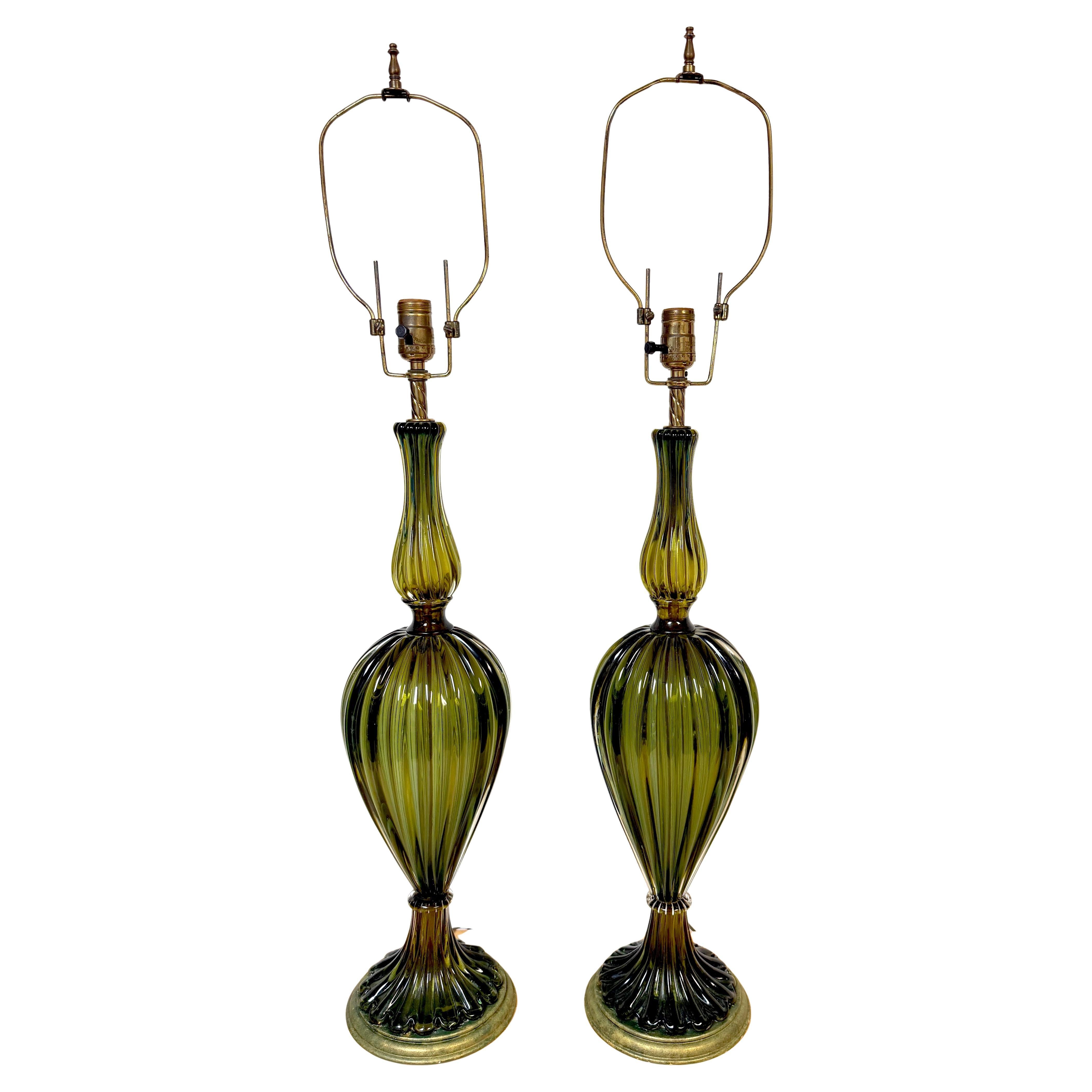 Pair of Barovier
Toso Ribbed Olive Verde Murano Glass Lamps, Circa 1955-1965