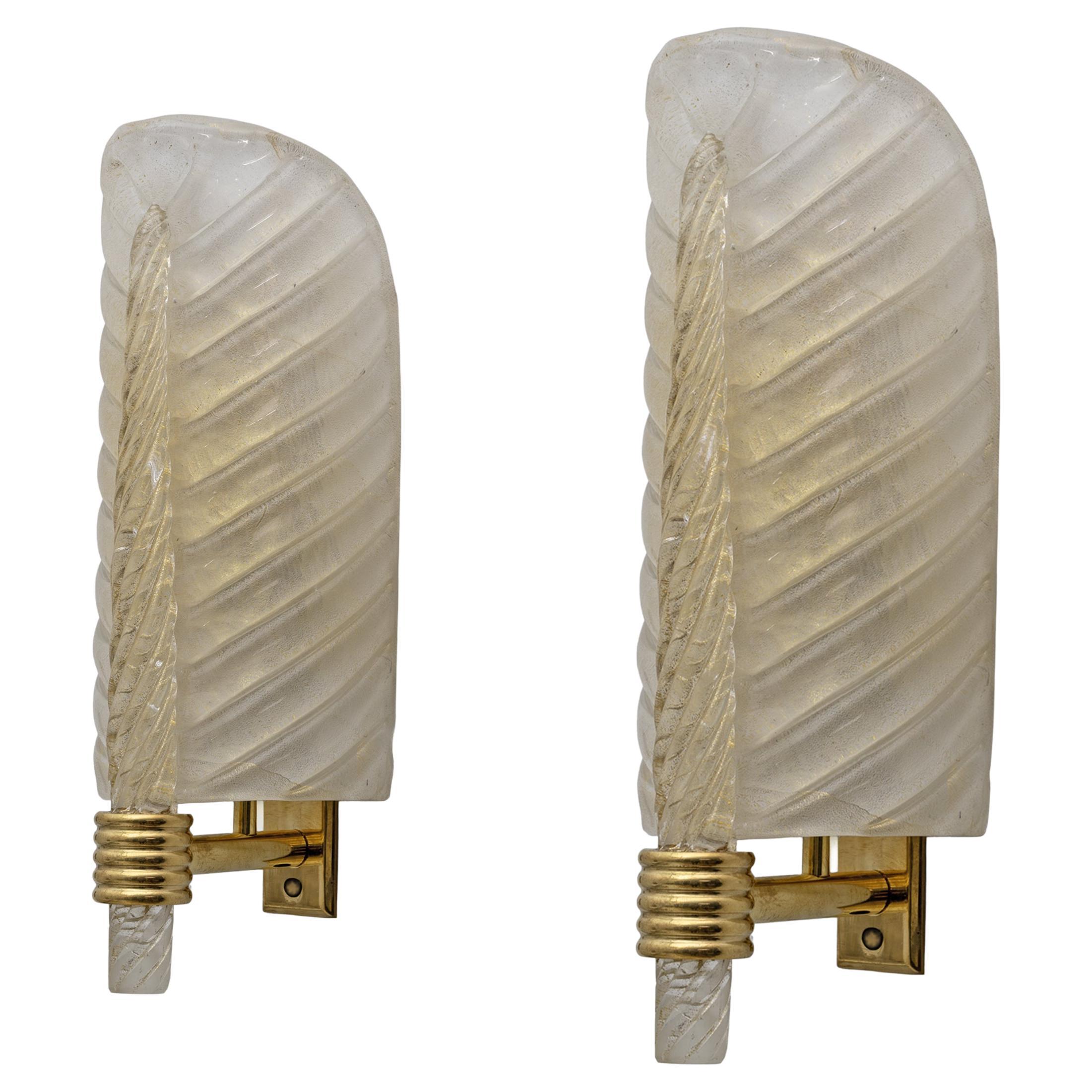 Pair of Barovier & Toso Style Mid-Century Modern Murano Glass Gold Leaf Sconces