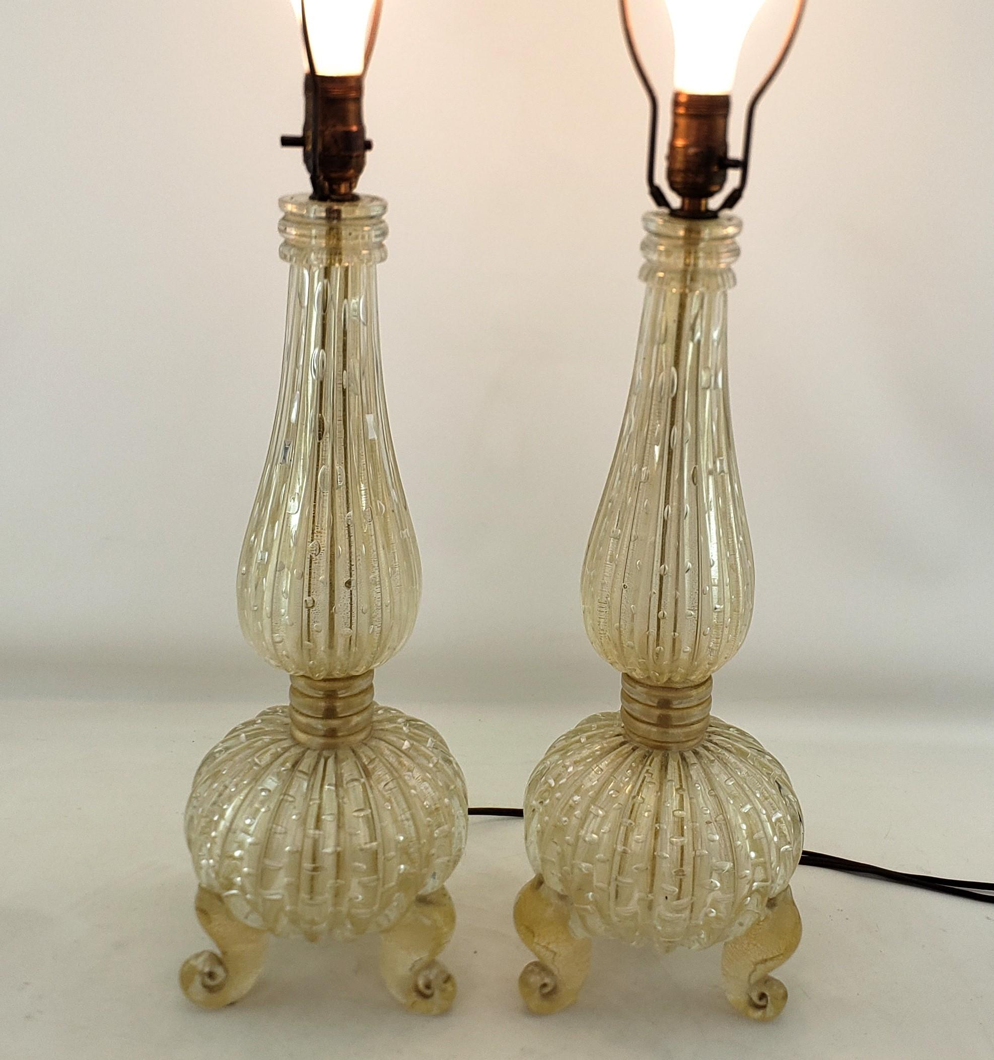 Italian Pair of BarovierAttributed  Mid-Century Modern Murano Art Glass Table Lamps  For Sale