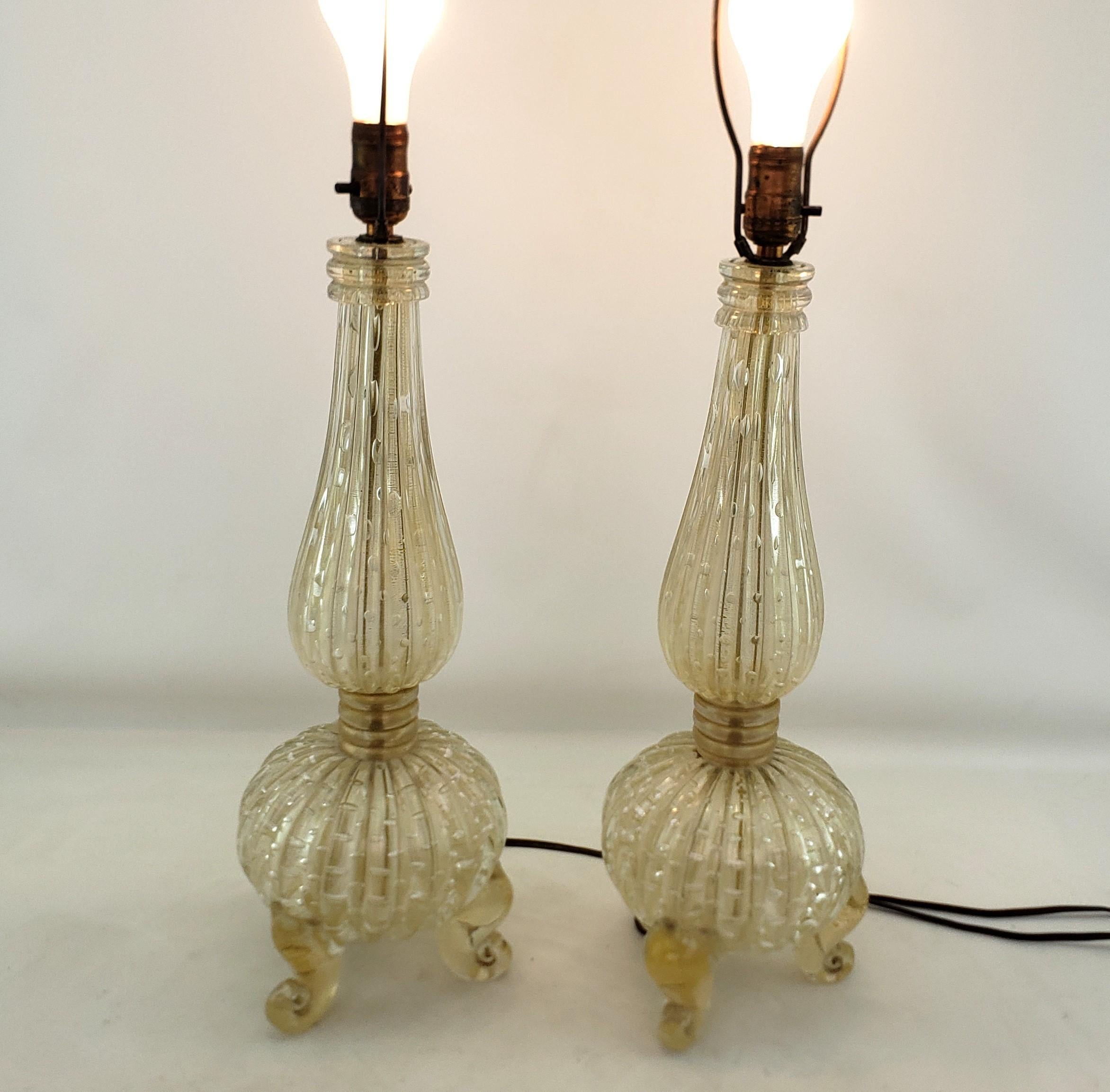 Pair of BarovierAttributed  Mid-Century Modern Murano Art Glass Table Lamps  In Good Condition For Sale In Hamilton, Ontario