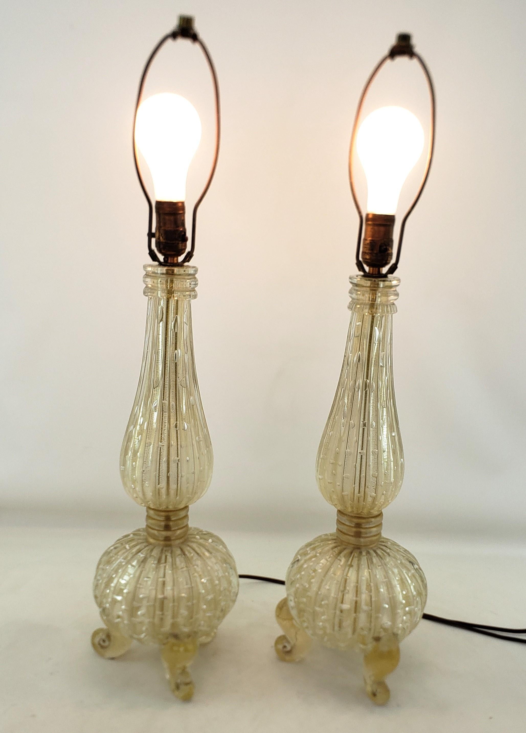 Metal Pair of BarovierAttributed  Mid-Century Modern Murano Art Glass Table Lamps  For Sale