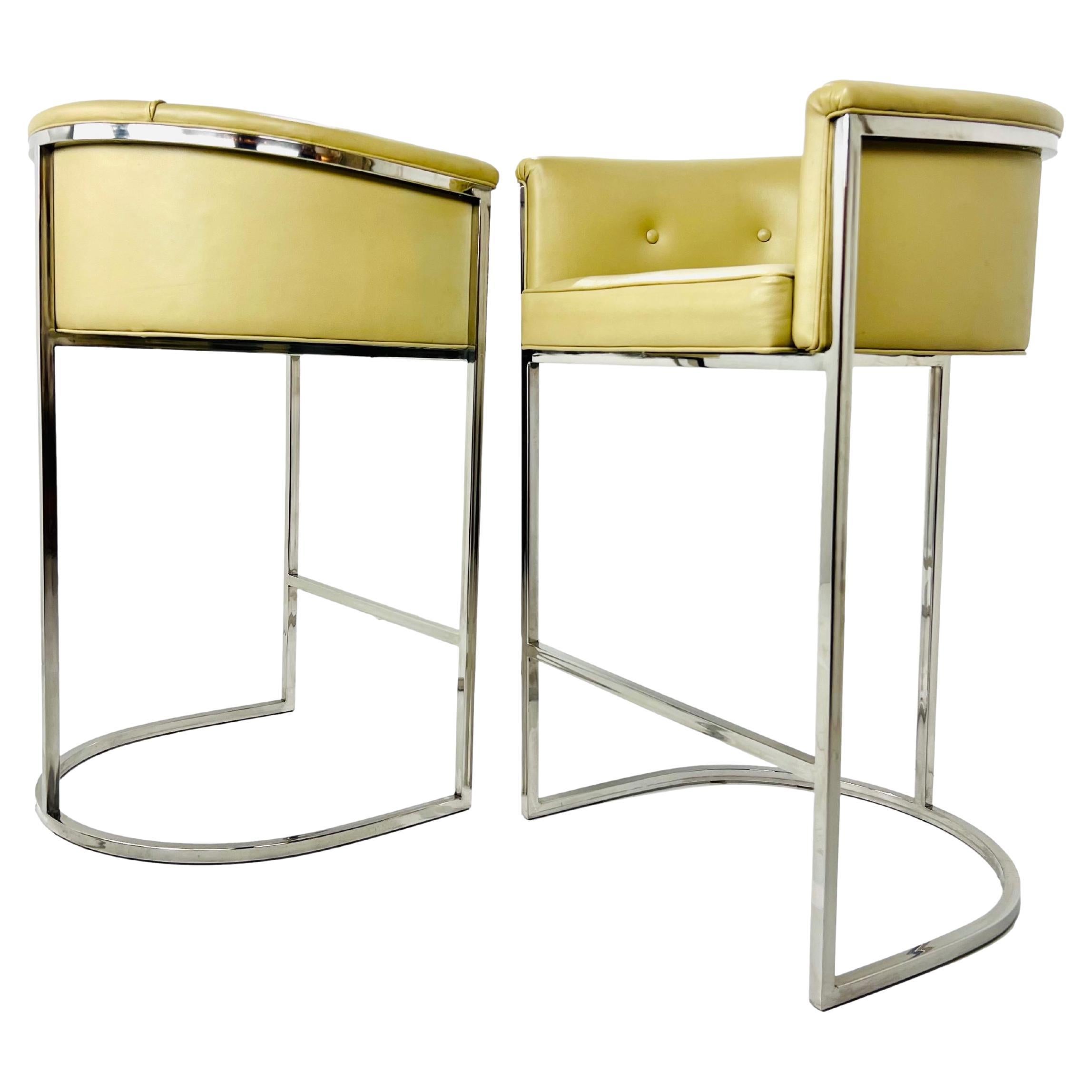 Pair of Barrel Back Barstools in the Style of Milo Baughman