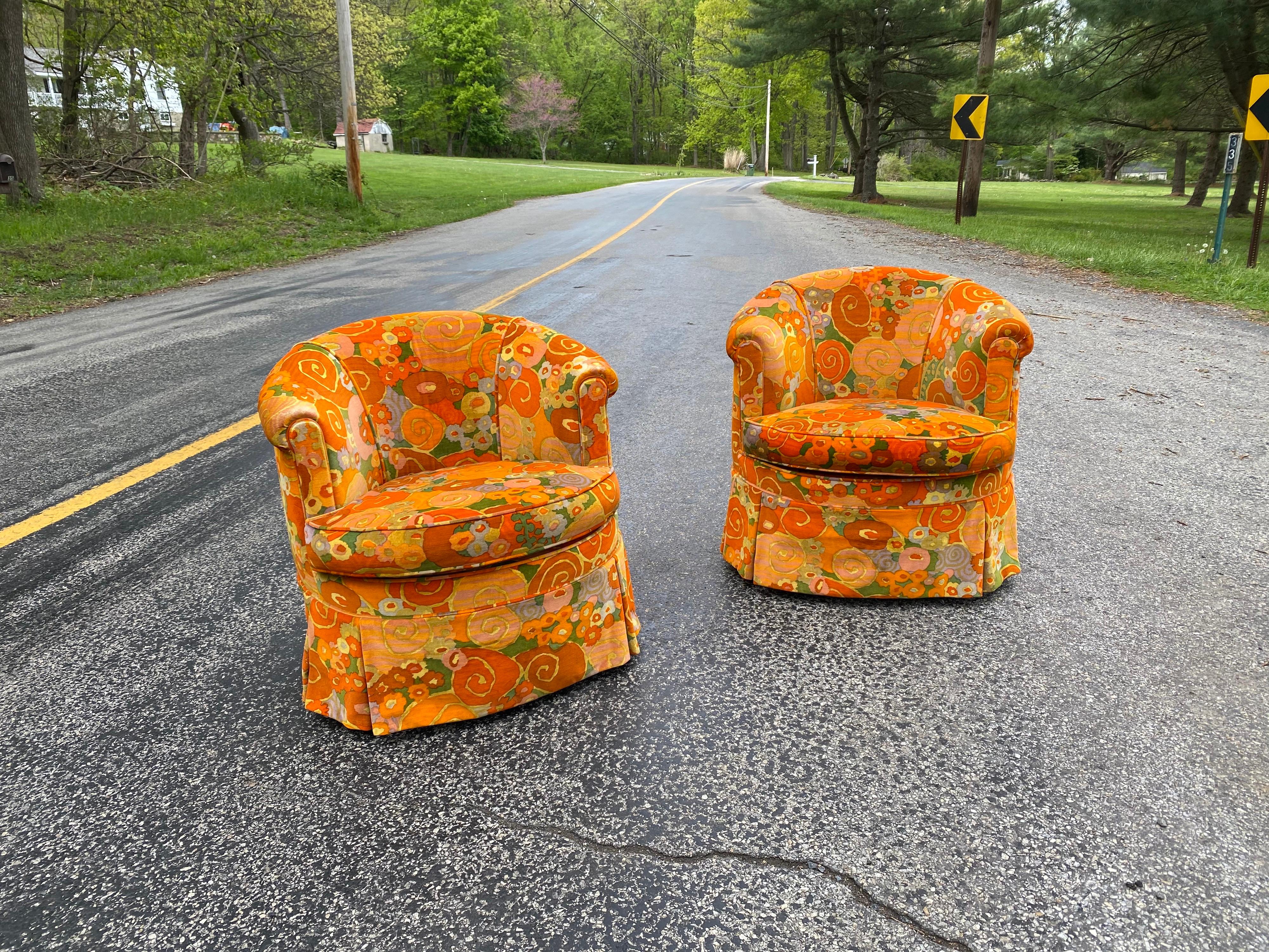 Pair of small barrel chairs with jack Lenore Larsen fabric! Vibrant oranges and yellows in velvet. Fabric is in great shape with minimal wear! Great small scale and size!