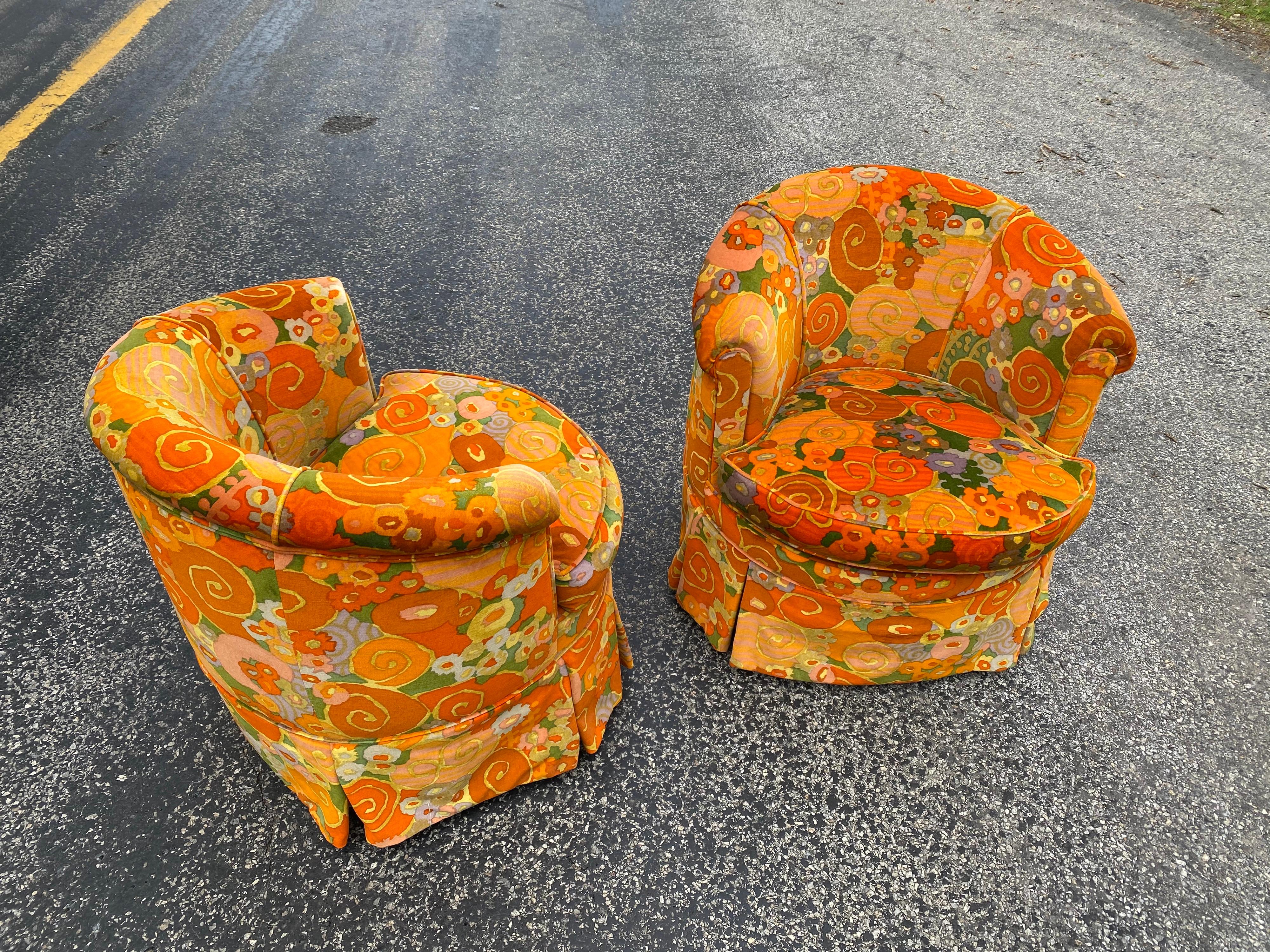 Mid-Century Modern Pair of Barrel Chairs in Jack Lenor Larsen Fabric