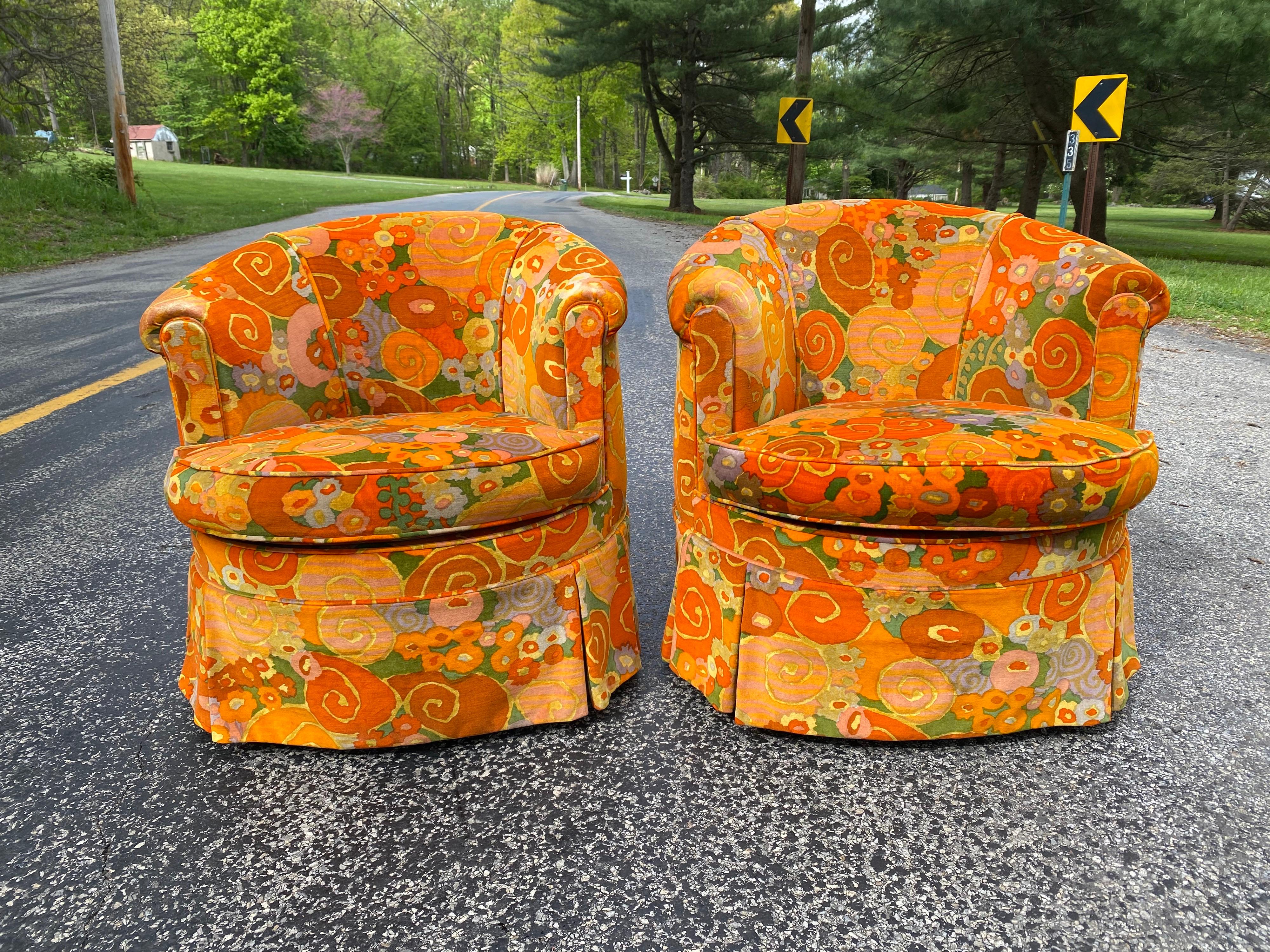 Mid-20th Century Pair of Barrel Chairs in Jack Lenor Larsen Fabric