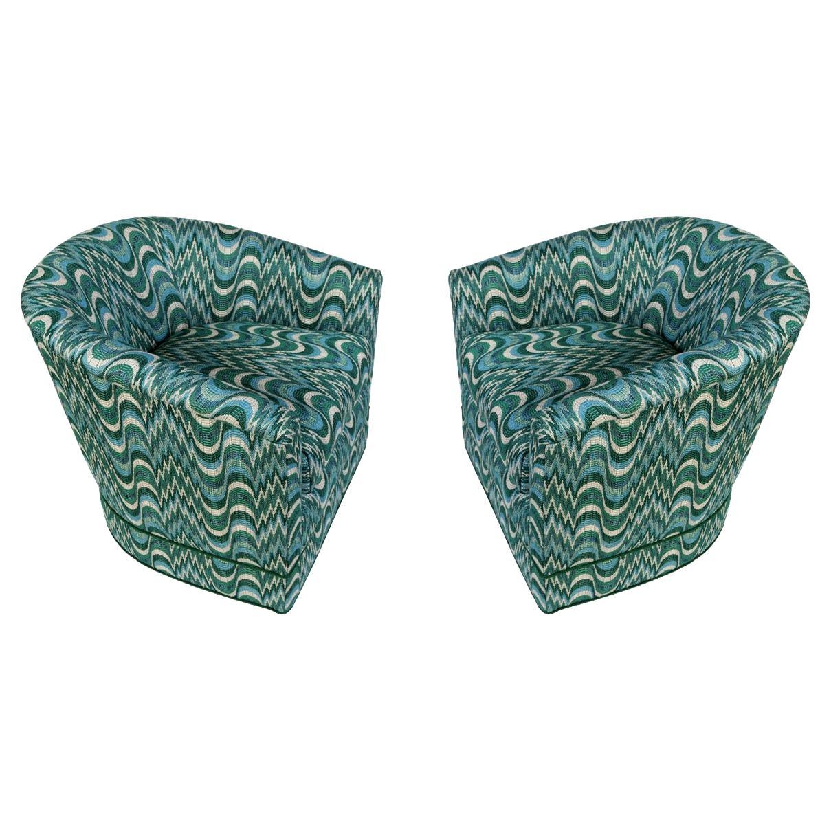 Pair of Barrel Chairs Upholstered in Dedar Flamestich Green and Blue