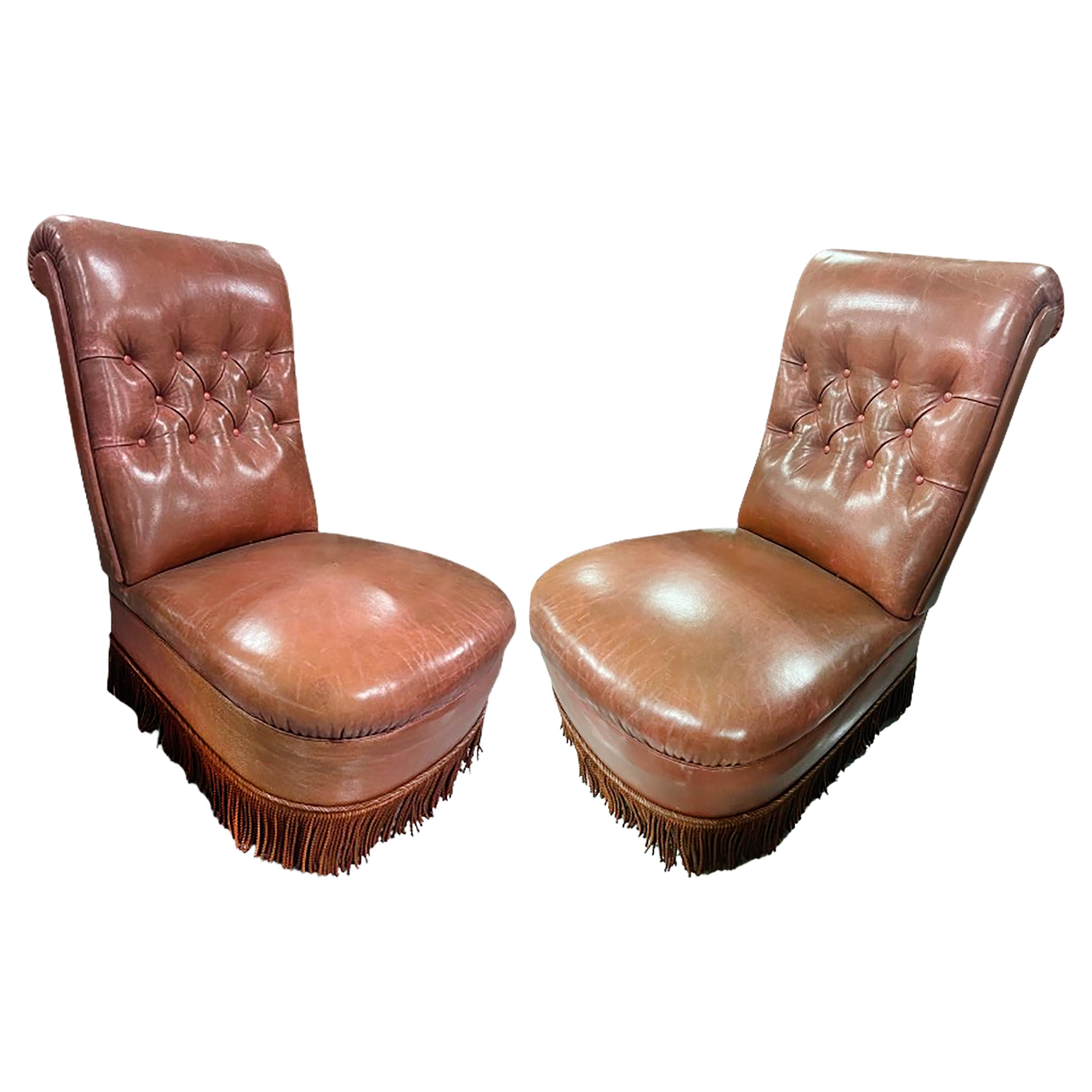 Pair of Barrel Leather Upholstered Slipper Chairs For Sale