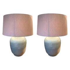 Pair of Pale Blue Barrel Shaped Lamps With Shades, China, Contemporary