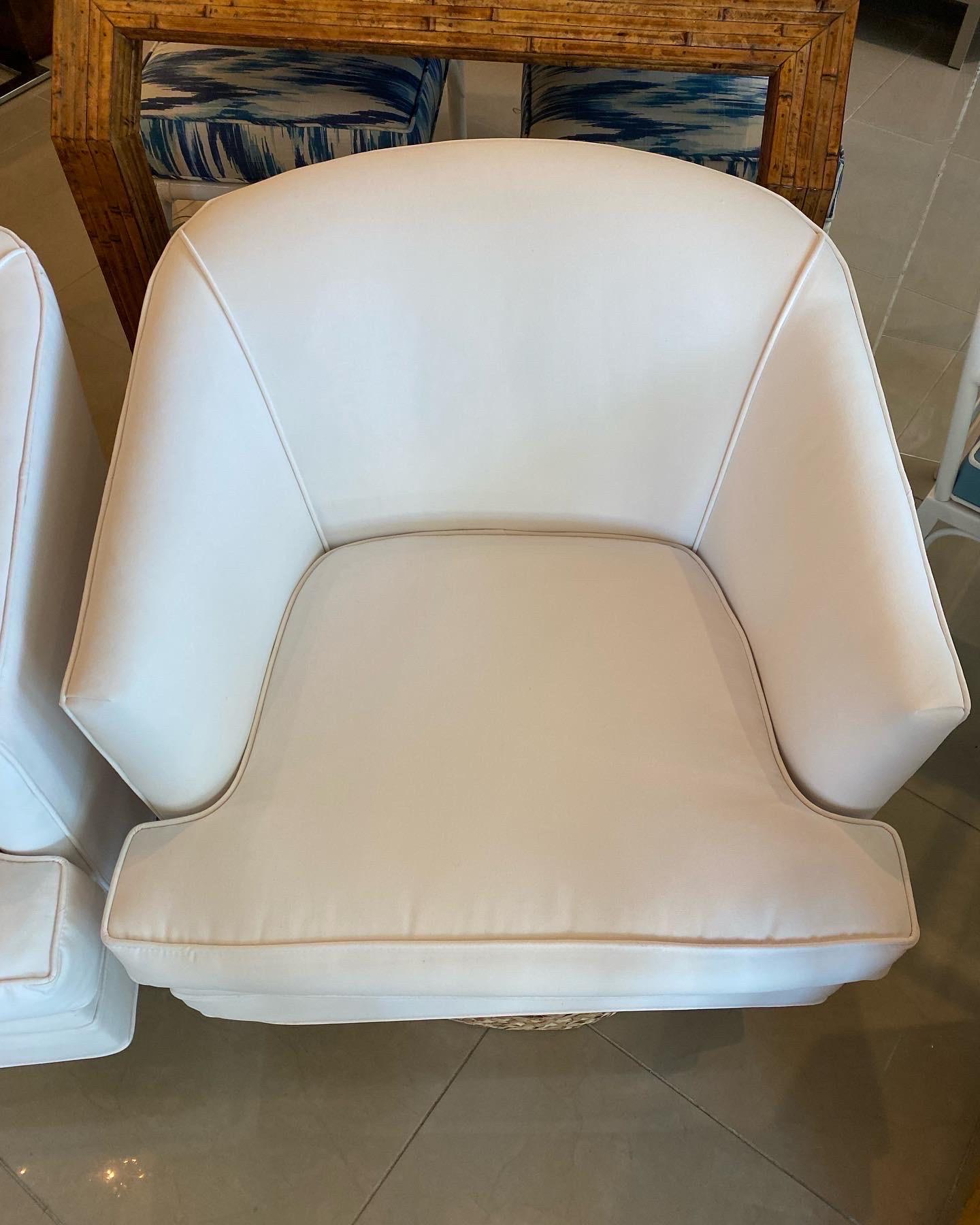 Pair of Barrel Swivel Chairs Newly Upholstered Sunbrella White Seagrass Base 4