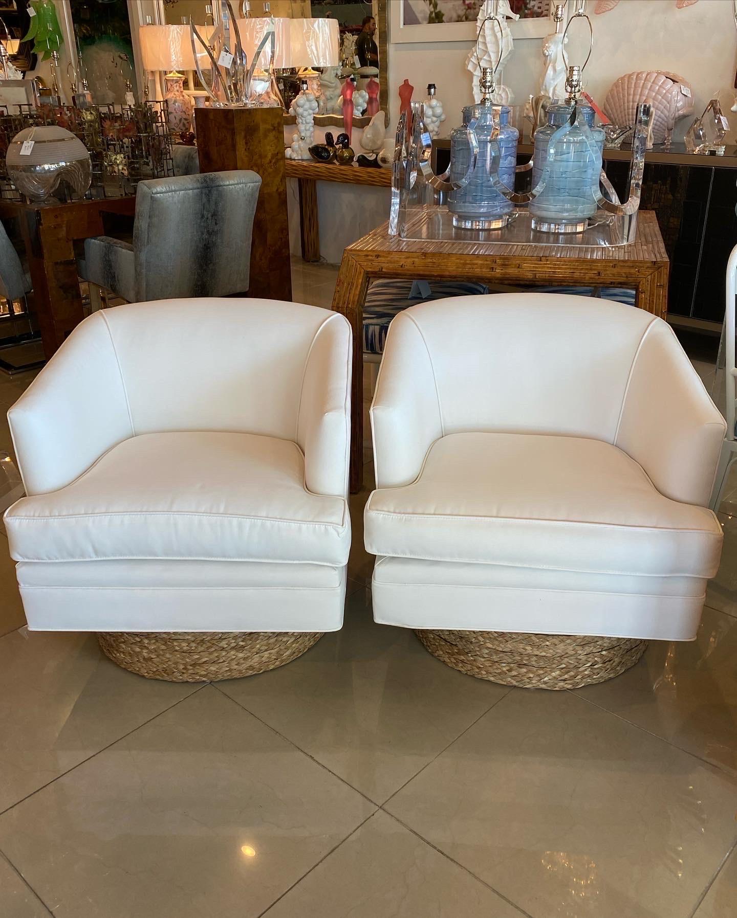 Pair of Barrel Swivel Chairs Newly Upholstered Sunbrella White Seagrass Base 5