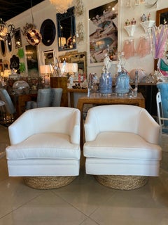 Pair of Barrel Swivel Chairs Newly Upholstered Sunbrella White Seagrass Base