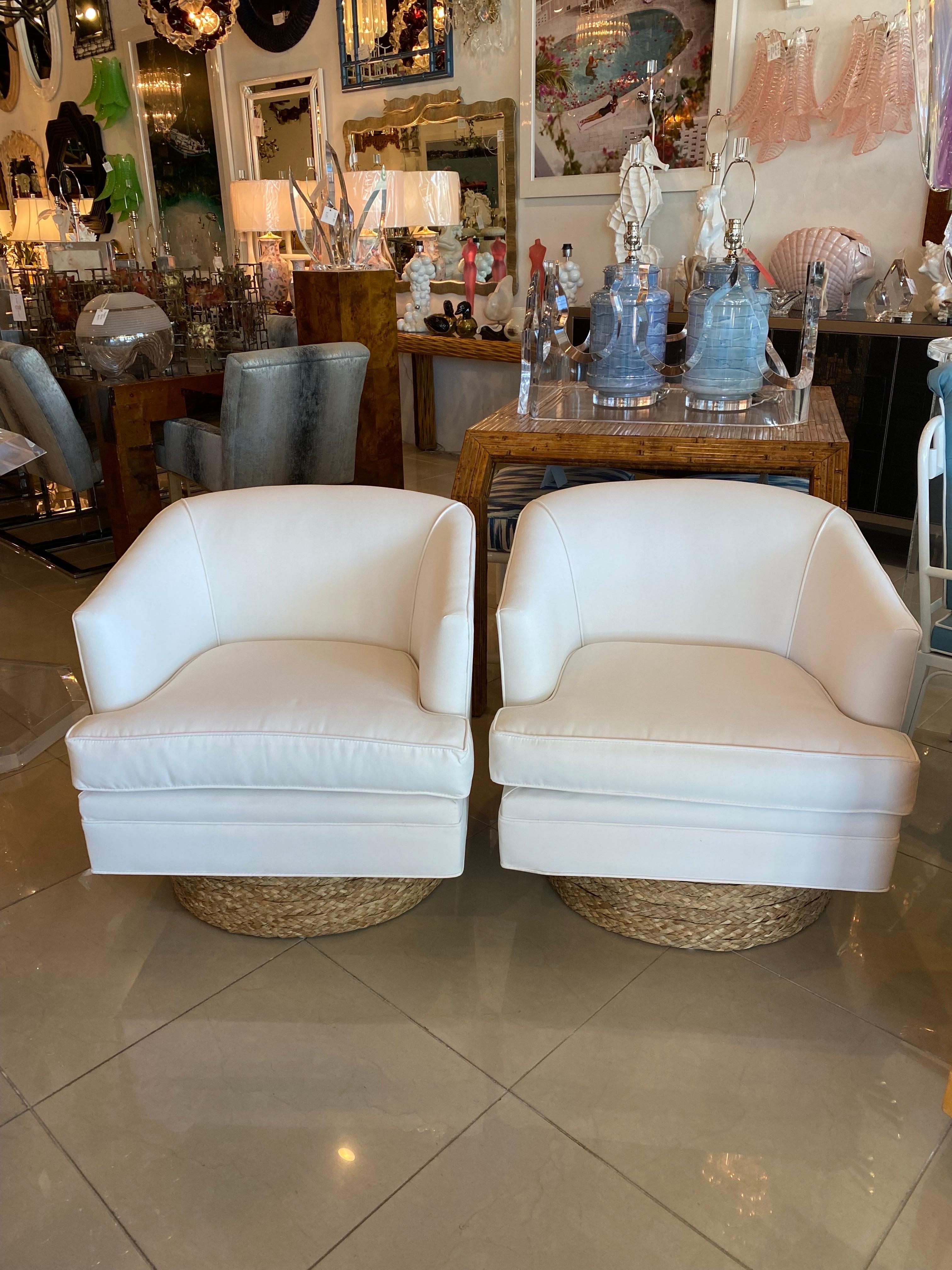 American Pair of Barrel Swivel Chairs Newly Upholstered Sunbrella White Seagrass Base
