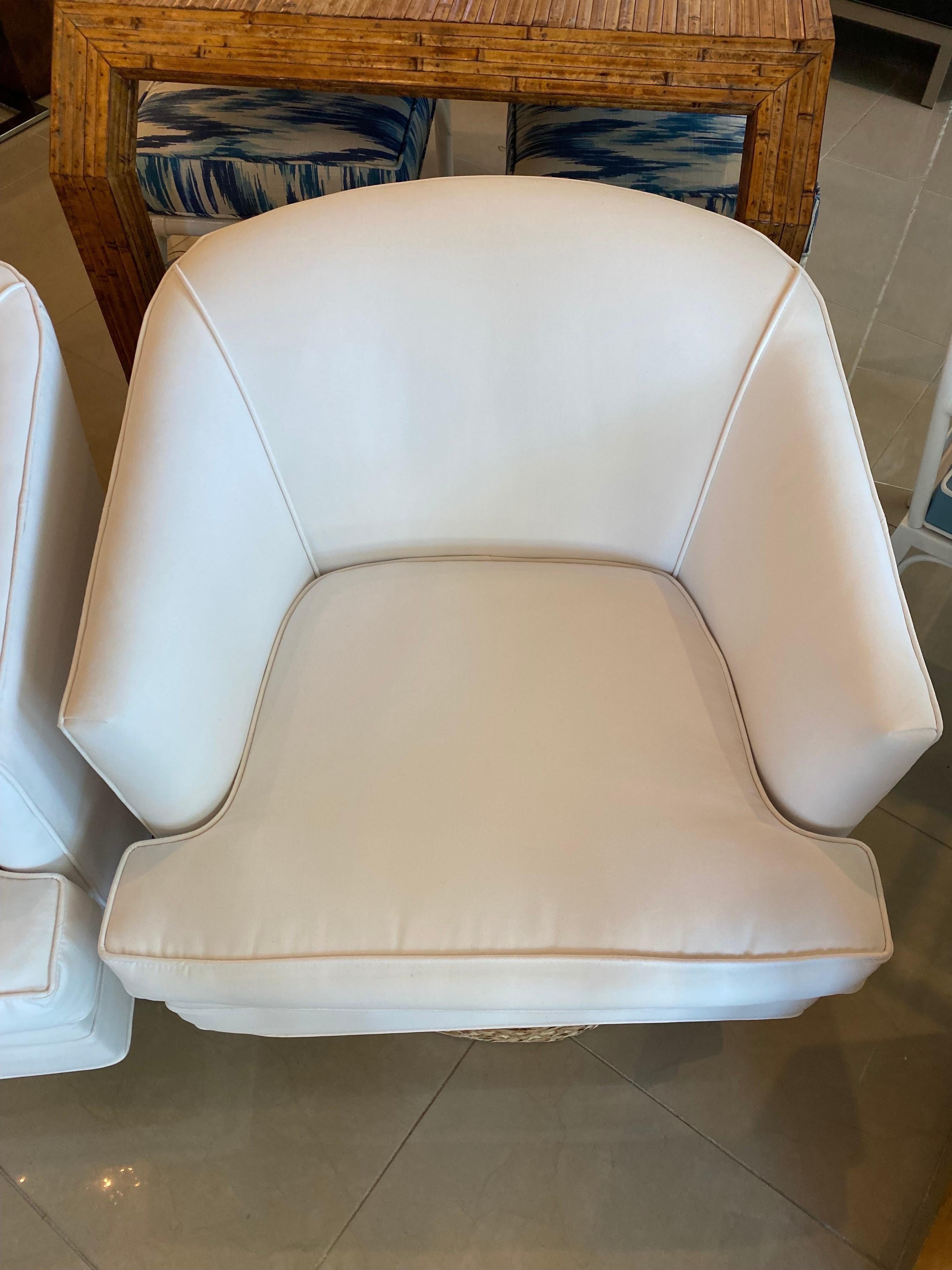 Pair of Barrel Swivel Chairs Newly Upholstered Sunbrella White Seagrass Base In Good Condition In West Palm Beach, FL