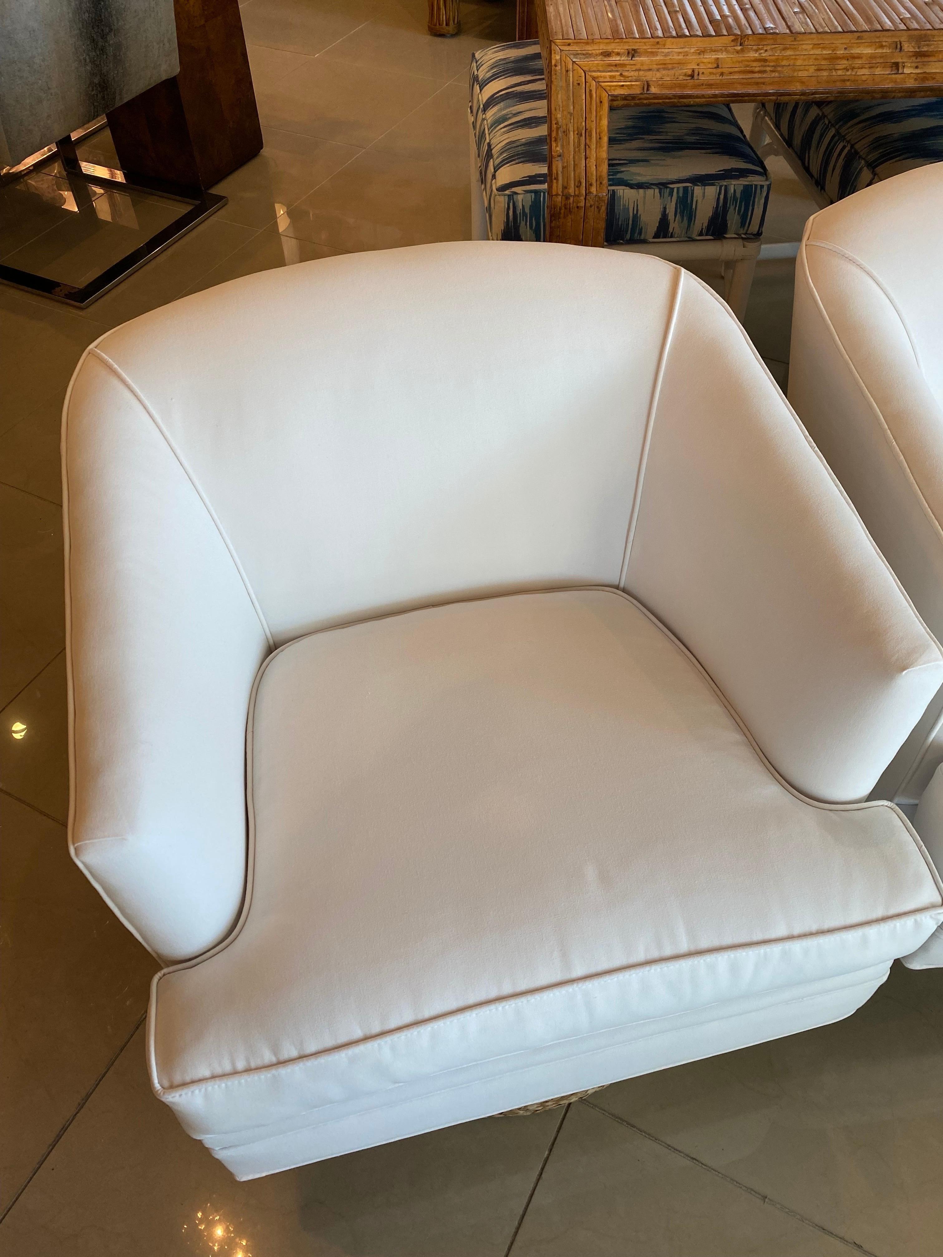 Late 20th Century Pair of Barrel Swivel Chairs Newly Upholstered Sunbrella White Seagrass Base