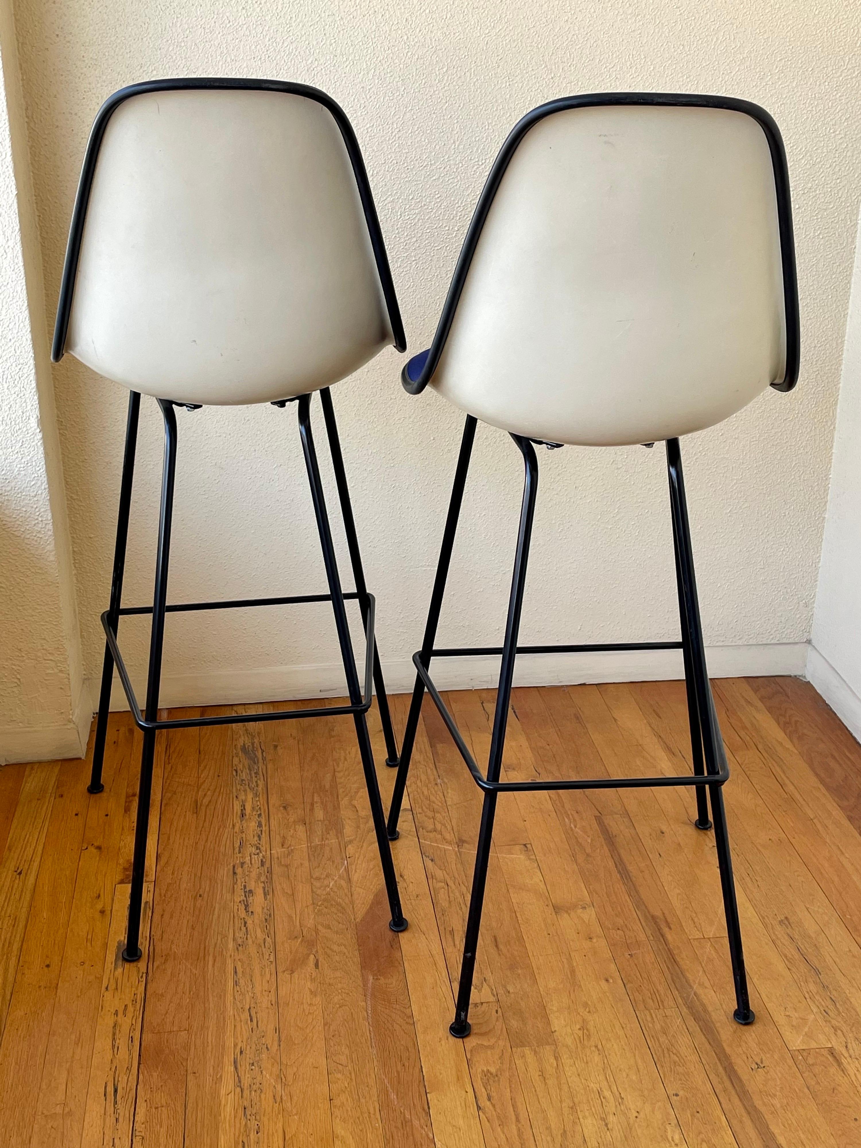 American Pair of Barstools Designed by Eames for Herman Miller with Blue Velvet Covers For Sale