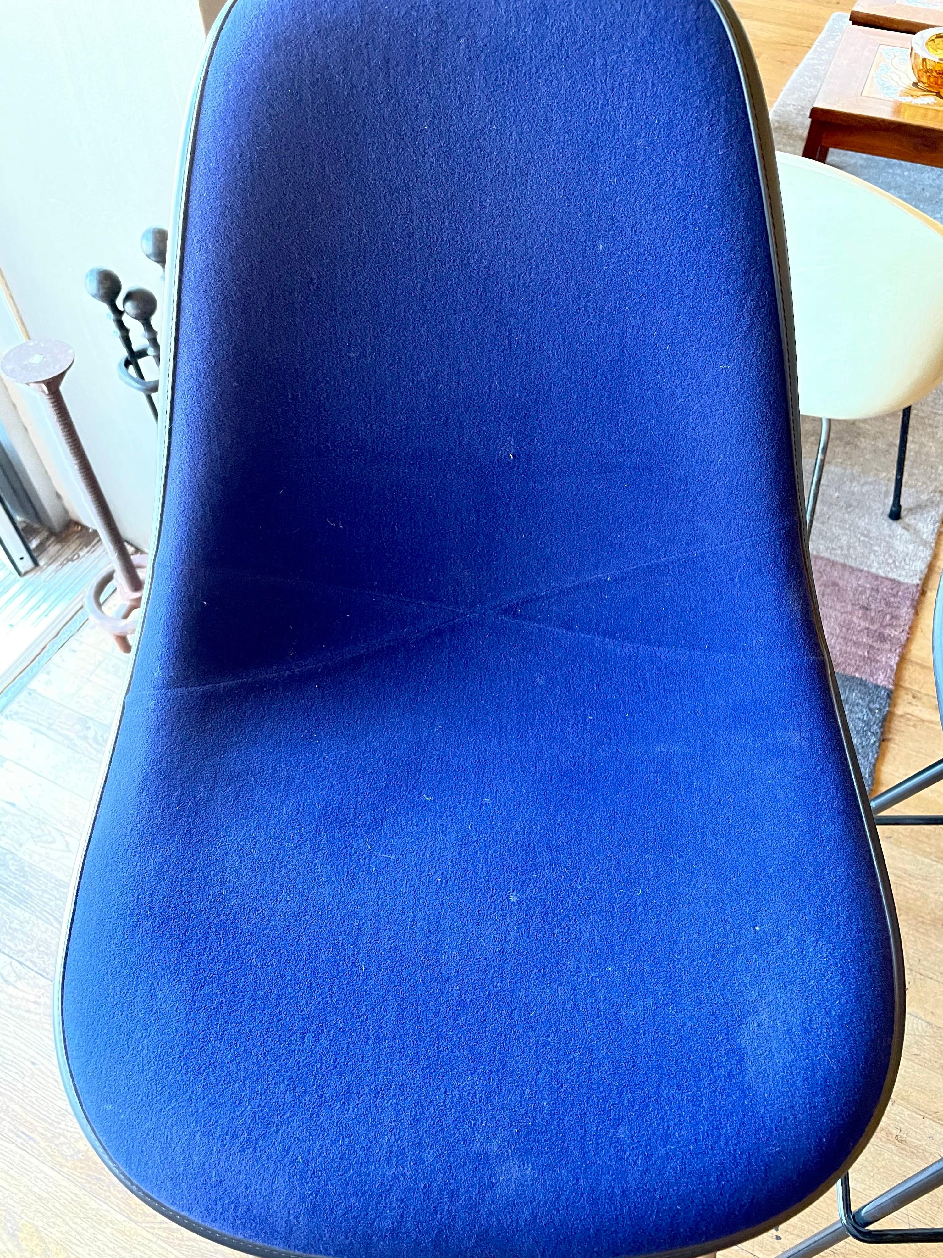 Pair of Barstools Designed by Eames for Herman Miller with Blue Velvet Covers In Good Condition For Sale In San Diego, CA