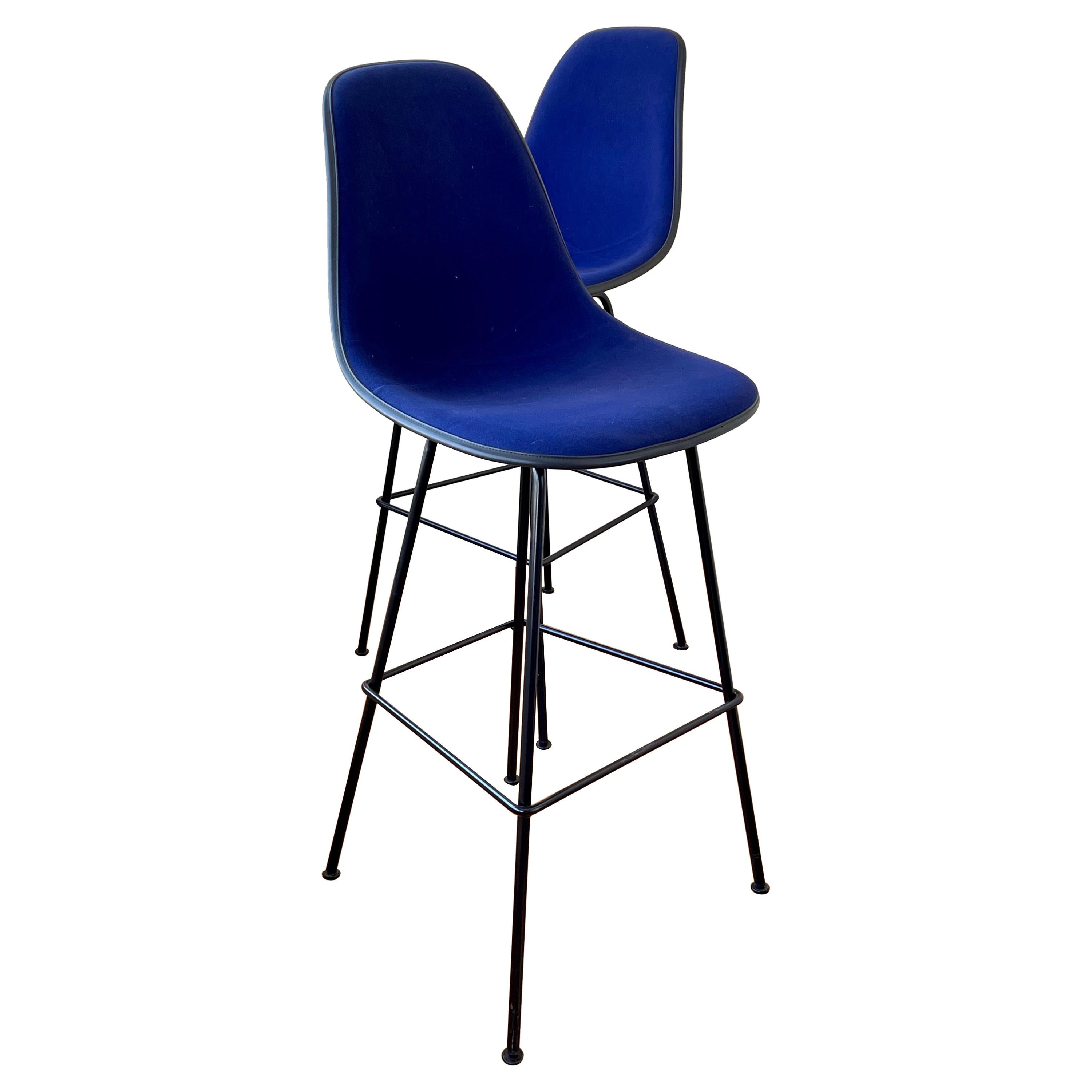 Pair of Barstools Designed by Eames for Herman Miller with Blue Velvet Covers For Sale