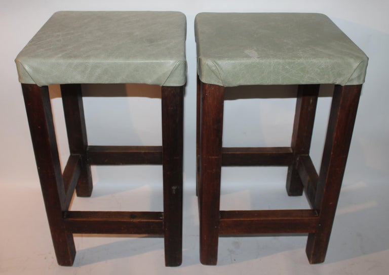 Adirondack Pair of Barstools with Sage Green Leather Seats For Sale