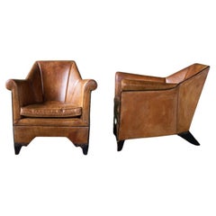 Pair of Bart Van Bekhoven Brown Leather Finback Chairs
