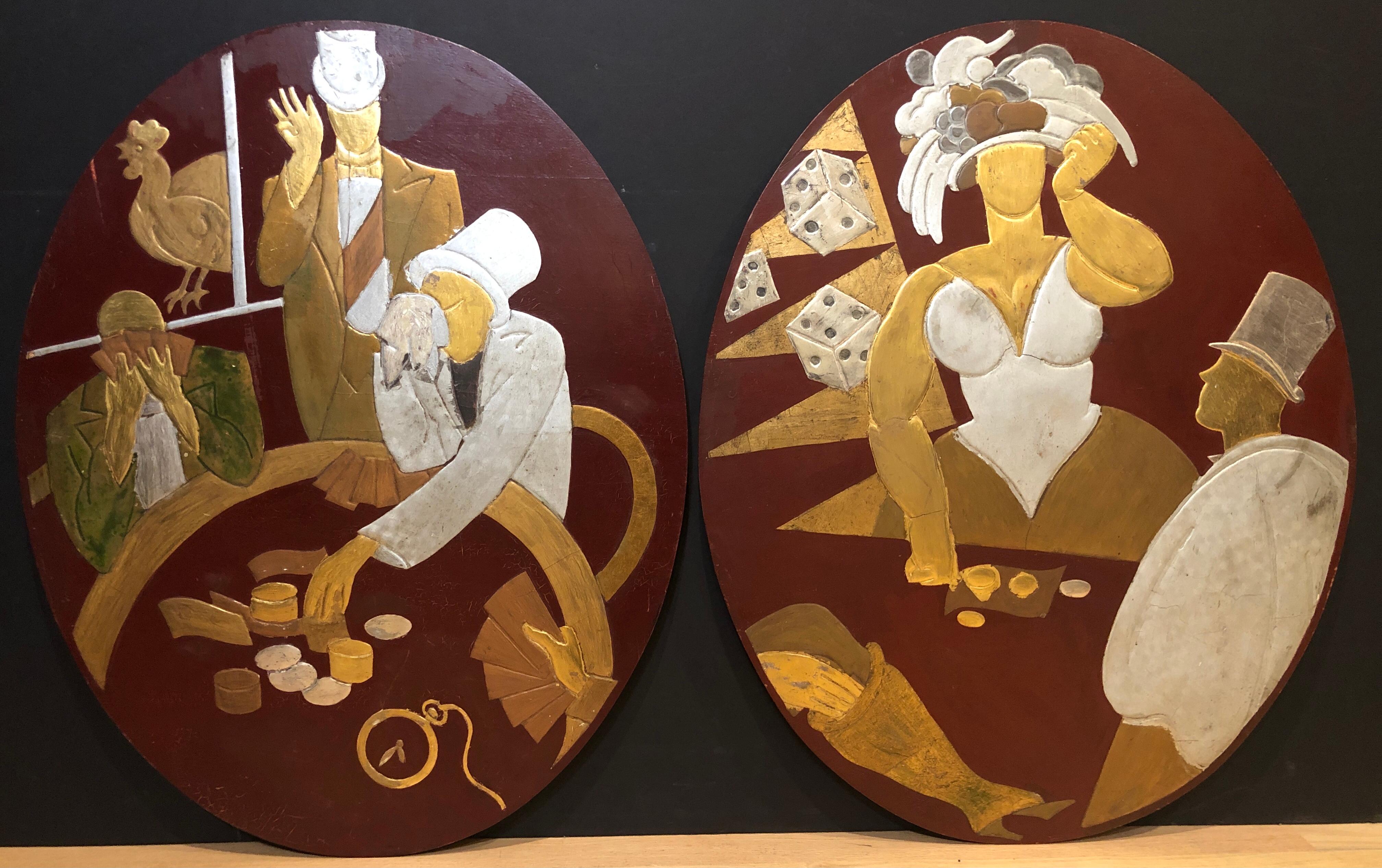 Pair of painted, carved and gilt panels in relief of gaming and gambling casino scenes. Figural wood relief carving with gold and silver gilt with painted background. The pair shows gambling and gaming scenes with men and women.