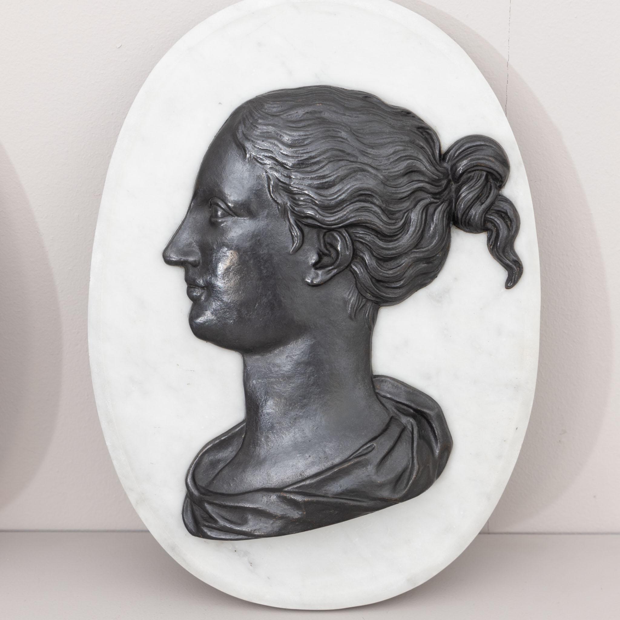 19th Century Pair of Profiles in Bas-Reliefs on Marble Plaques, 19th-20th Century