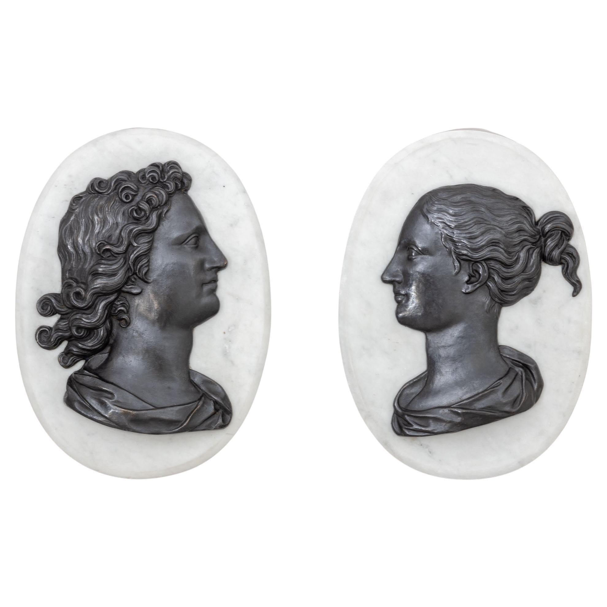 Pair of Profiles in Bas-Reliefs on Marble Plaques, 19th-20th Century