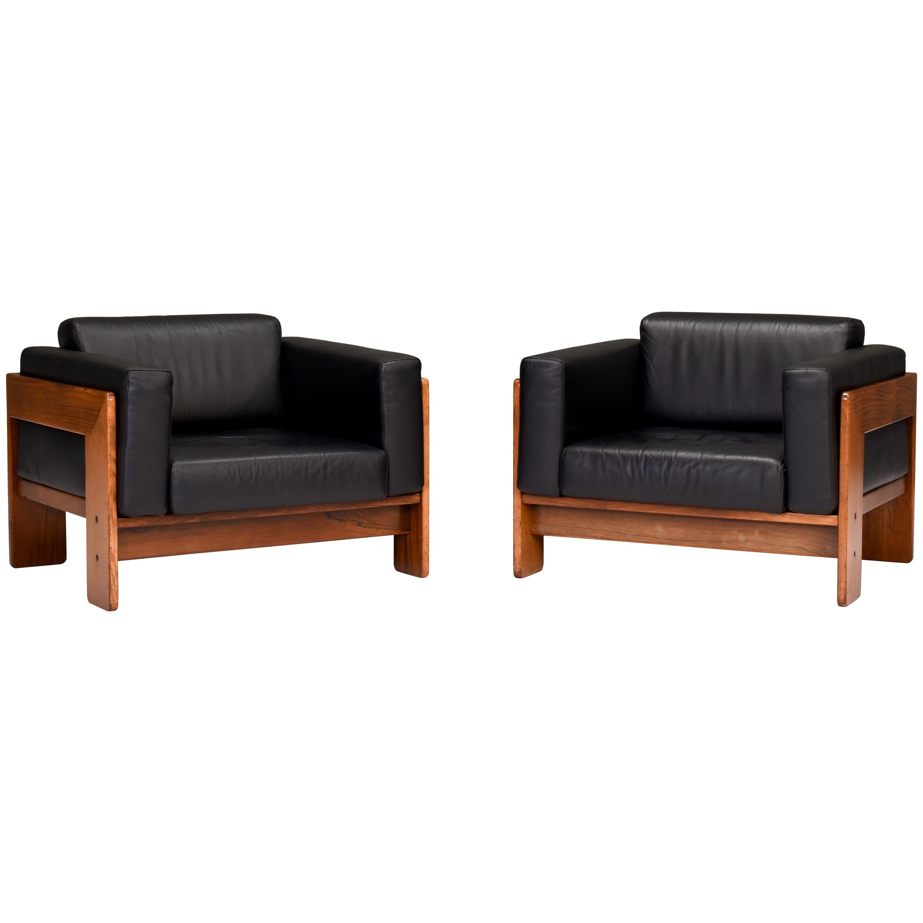 Pair of Bastiano Chairs by Tobia Scarpa in Black Leather, Gavina, Italy, 1975