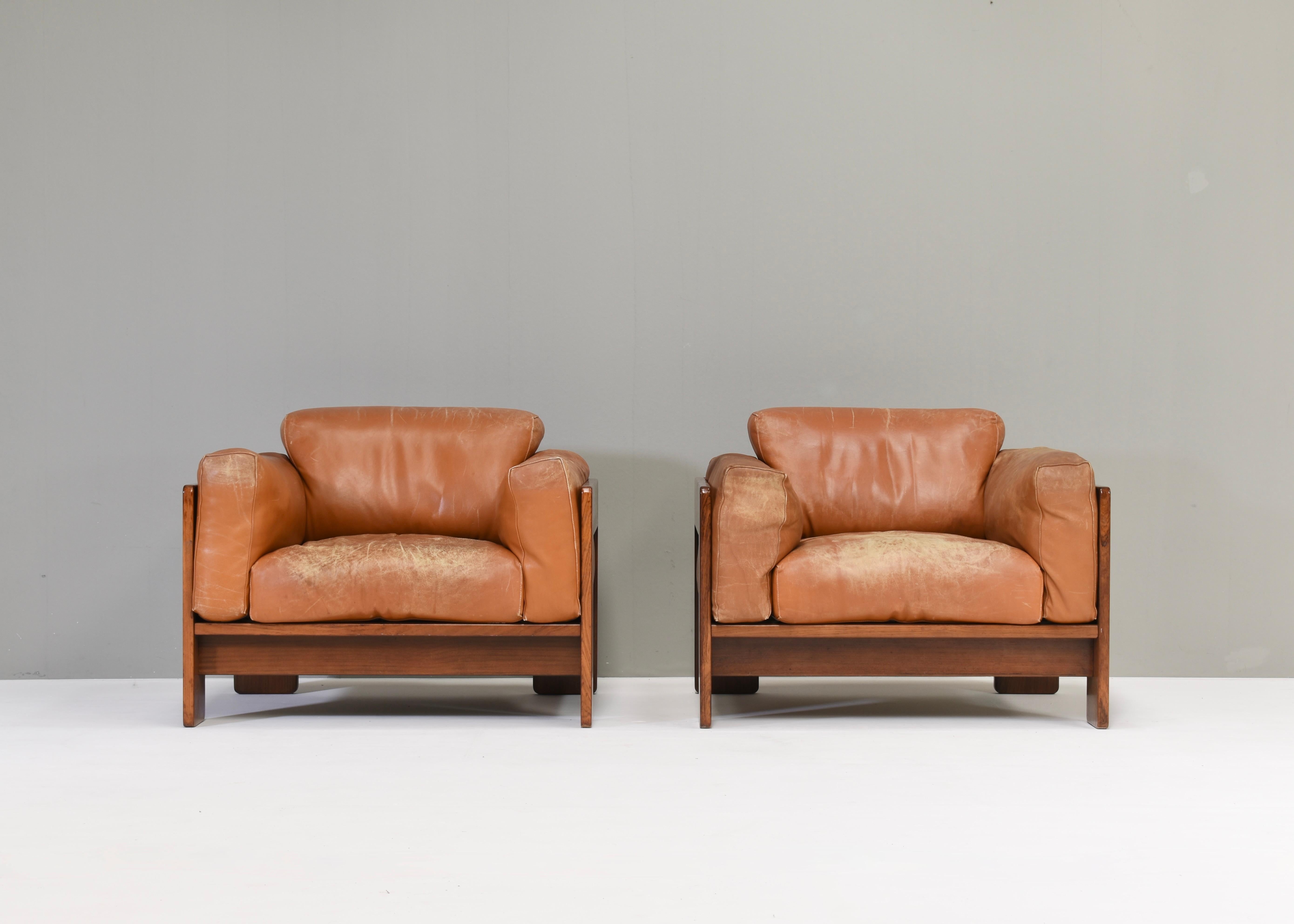 Mid-Century Modern Pair of Bastiano Chairs by Tobia Scarpa in Tan Leather, Gavina, Italy, 1975