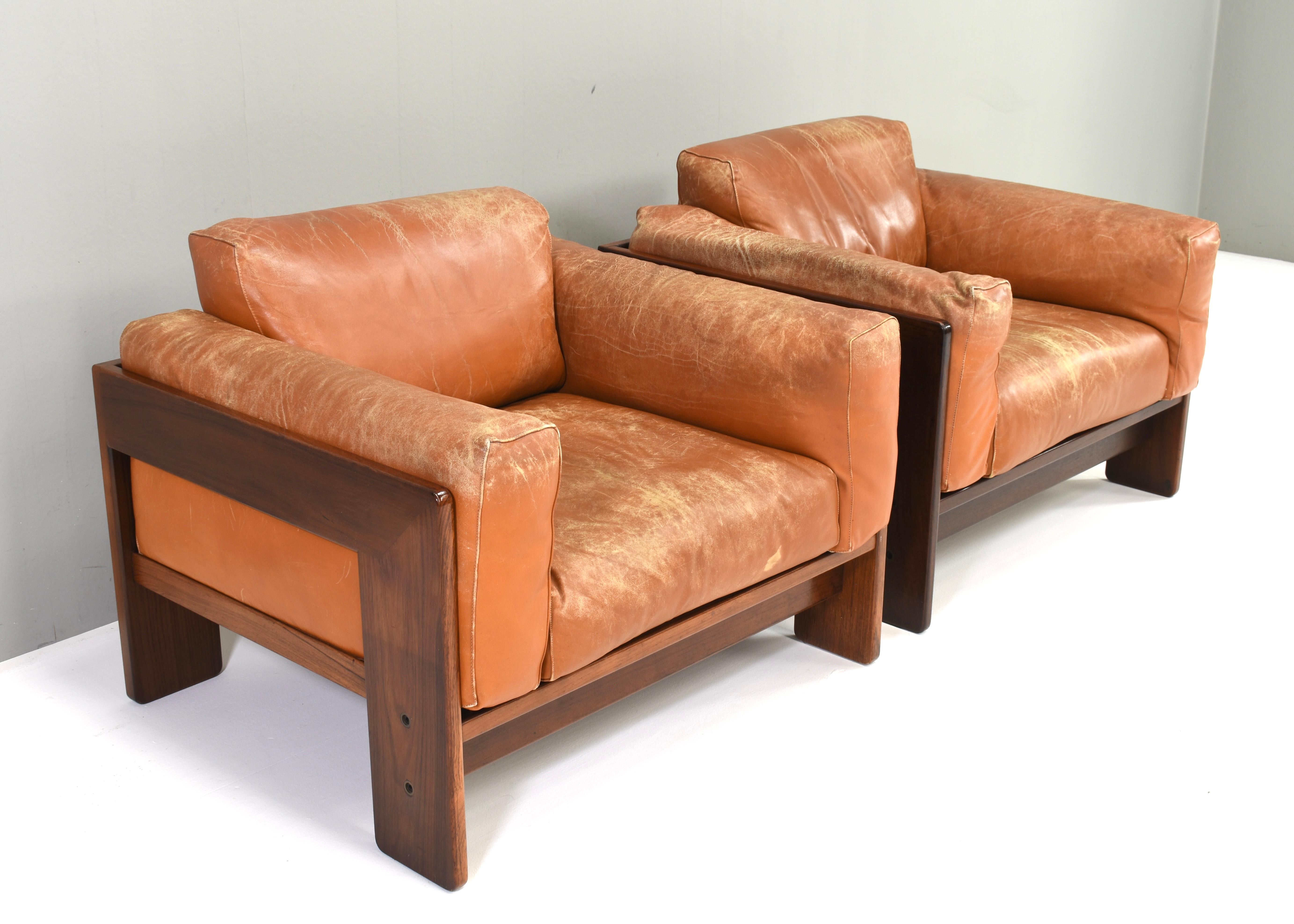 Italian Pair of Bastiano Chairs by Tobia Scarpa in Tan Leather, Gavina, Italy, 1975