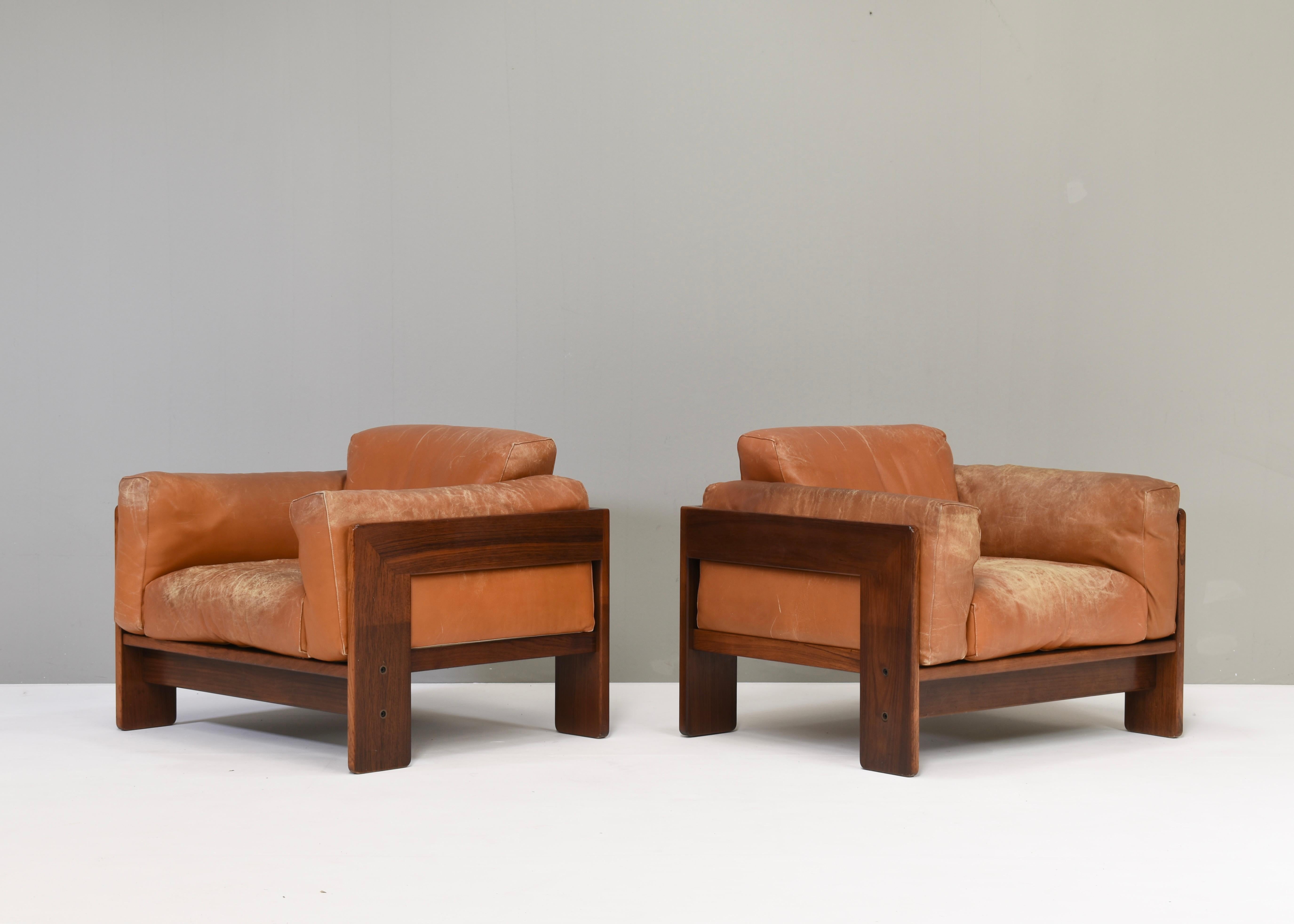 Italian Pair of Bastiano Chairs by Tobia Scarpa in Tan Leather, Gavina, Italy, 1975