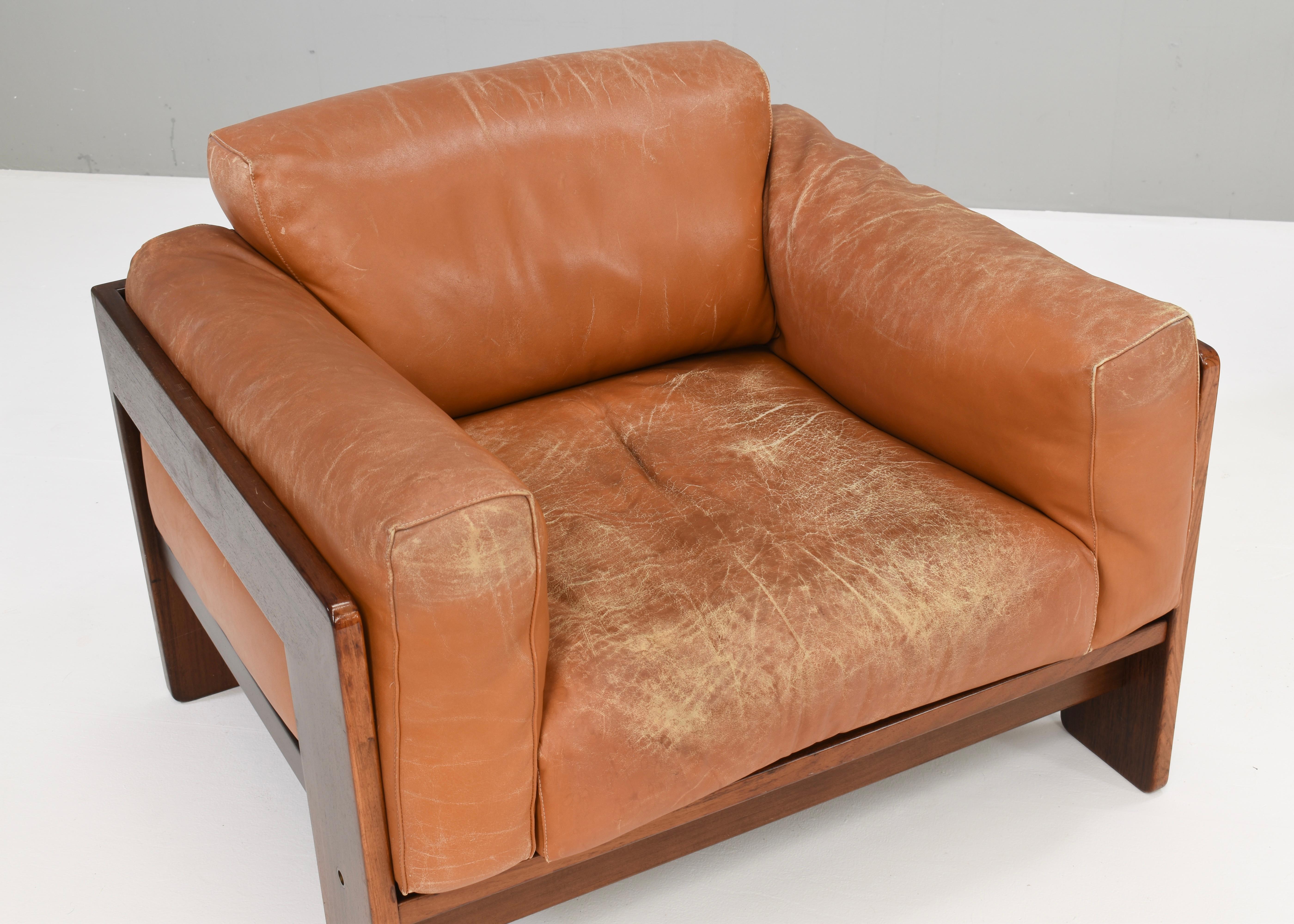 Pair of Bastiano Chairs by Tobia Scarpa in Tan Leather, Gavina, Italy, 1975 In Fair Condition In Pijnacker, Zuid-Holland