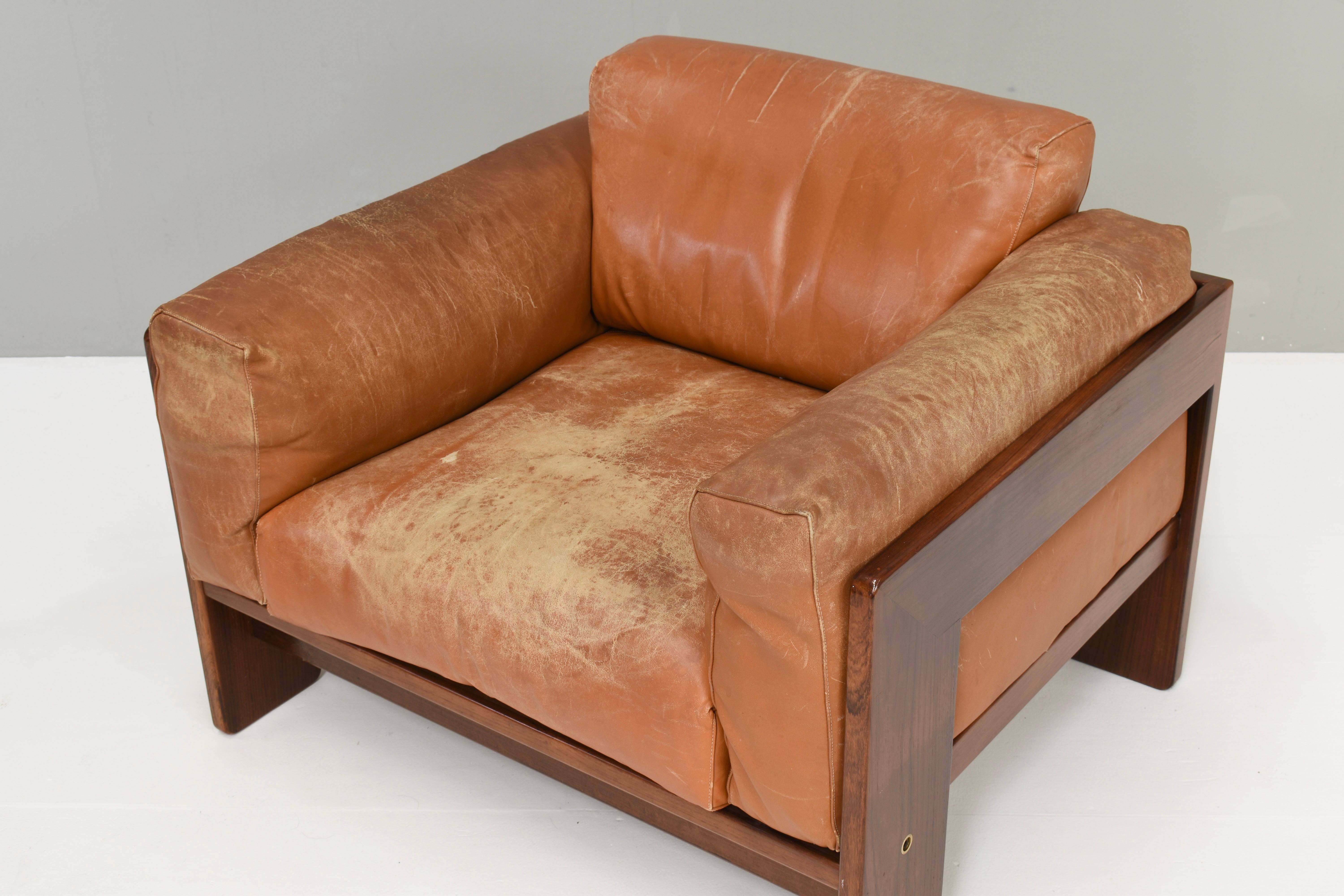 Mid-20th Century Pair of Bastiano Chairs by Tobia Scarpa in Tan Leather, Gavina, Italy, 1975