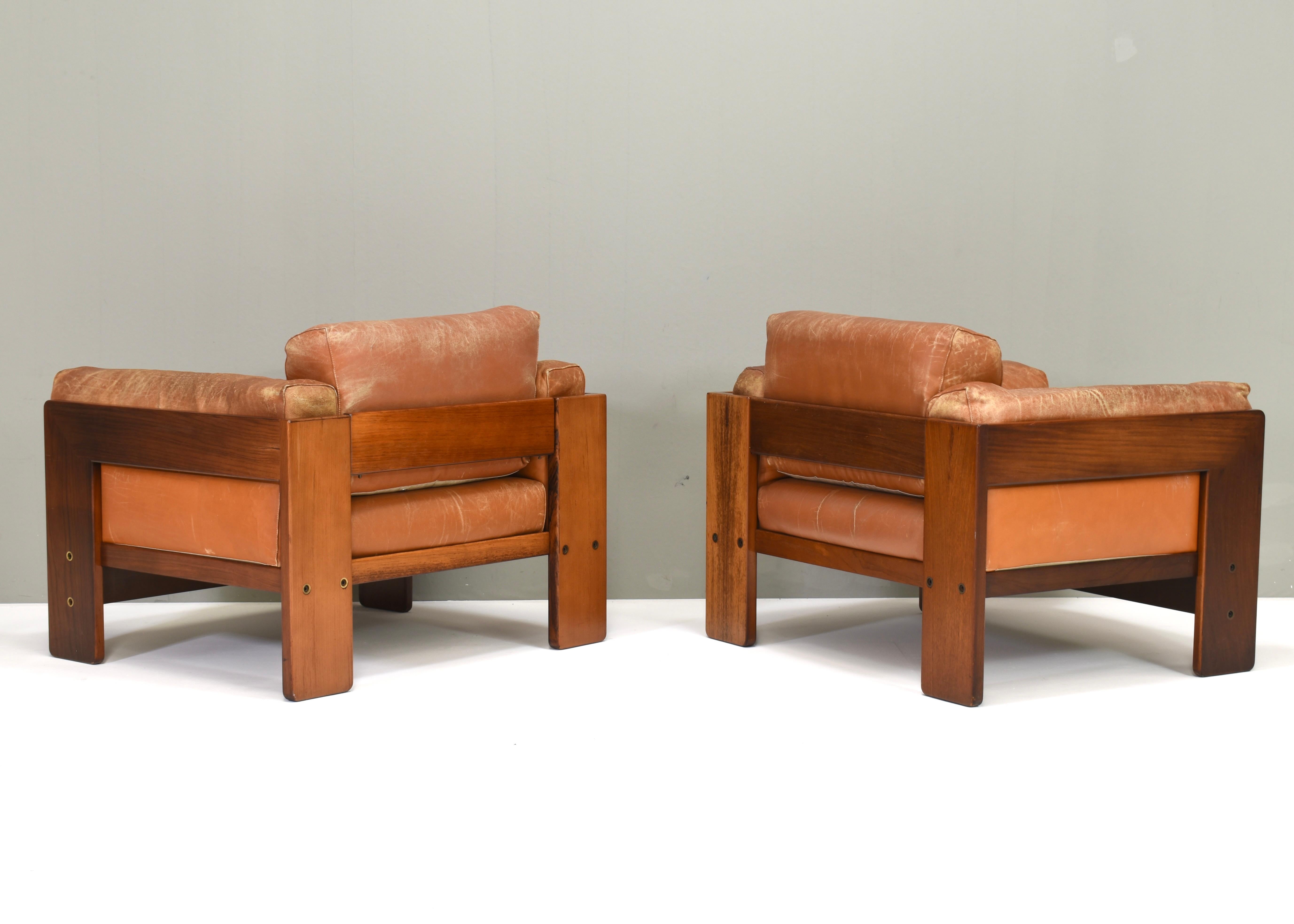 Mid-20th Century Pair of Bastiano Chairs by Tobia Scarpa in Tan Leather, Gavina, Italy, 1975