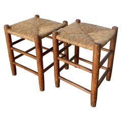 Pair of Bauche N17 Straw Stool Charlotte Perriand for L'équipement De La Maison