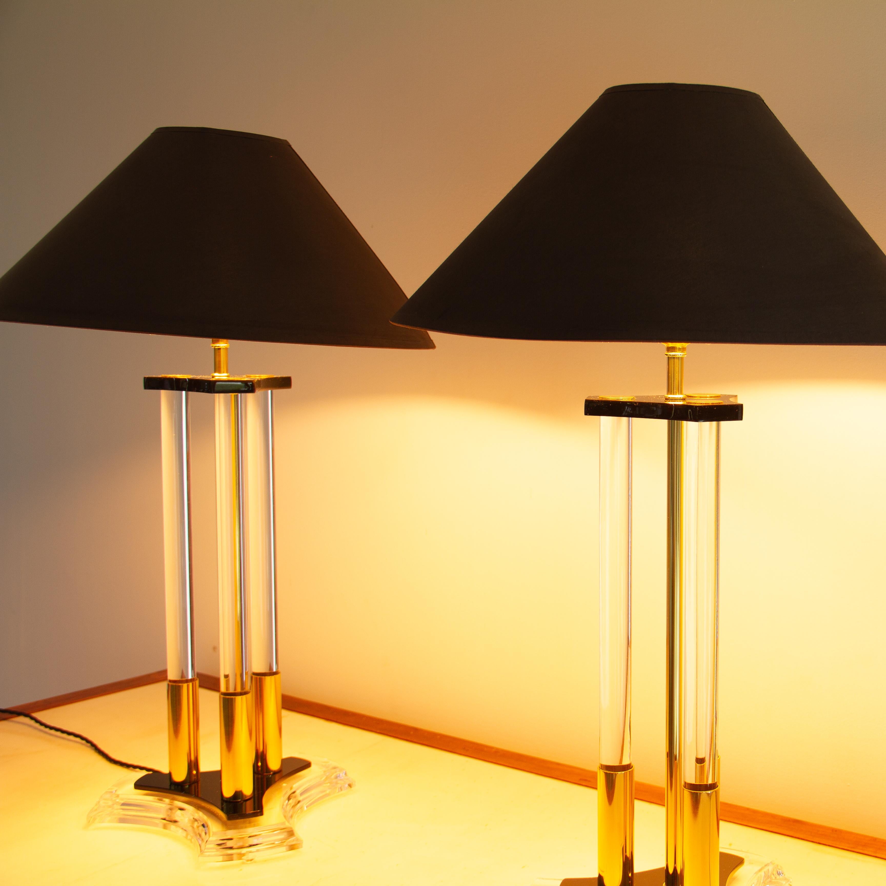 Late 20th Century Pair of Bauer Designed Lucite and Brass Lamps, 1980s For Sale