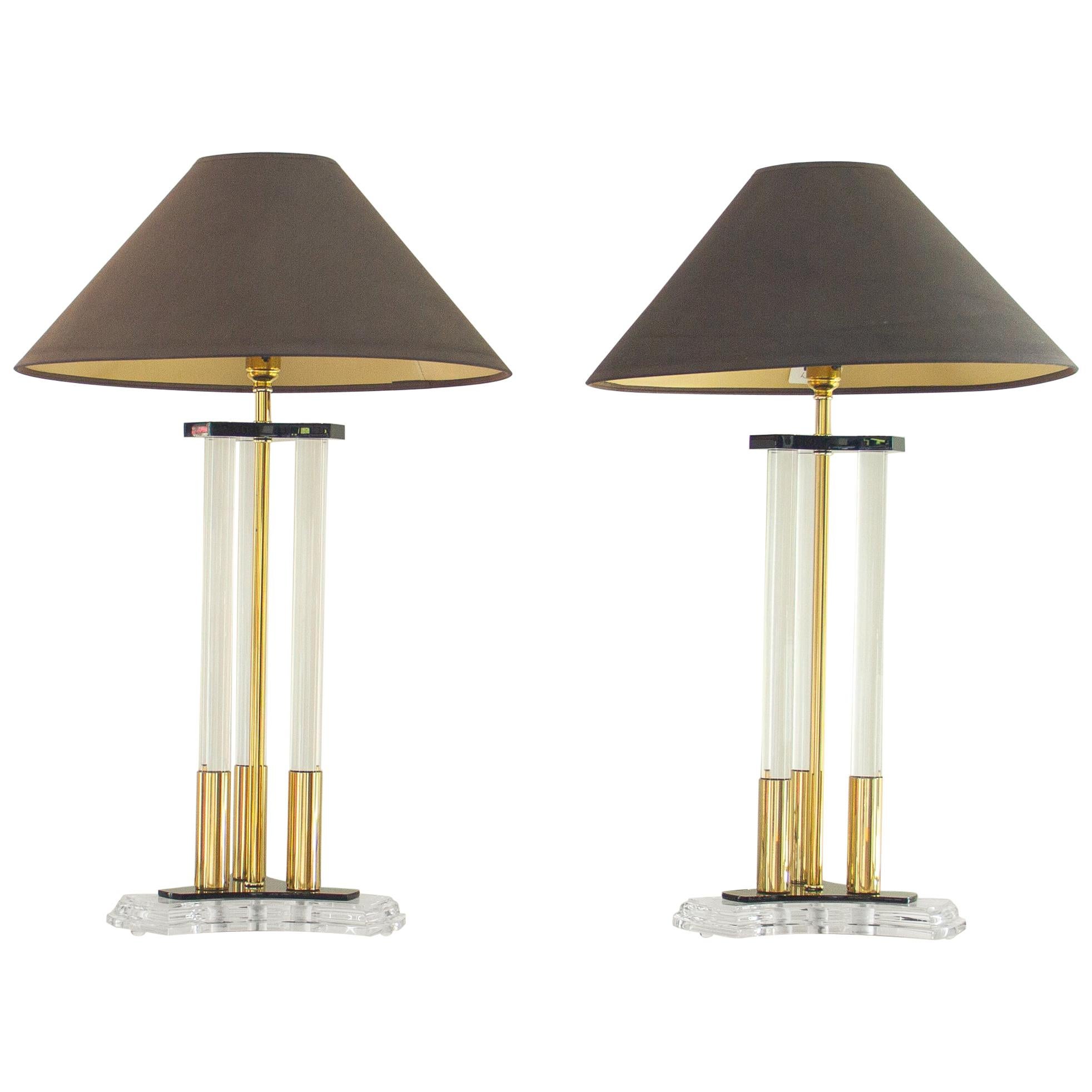 Pair of Bauer Designed Lucite and Brass Lamps, 1980s