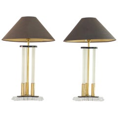 Pair of Bauer Designed Lucite and Brass Lamps, 1980s