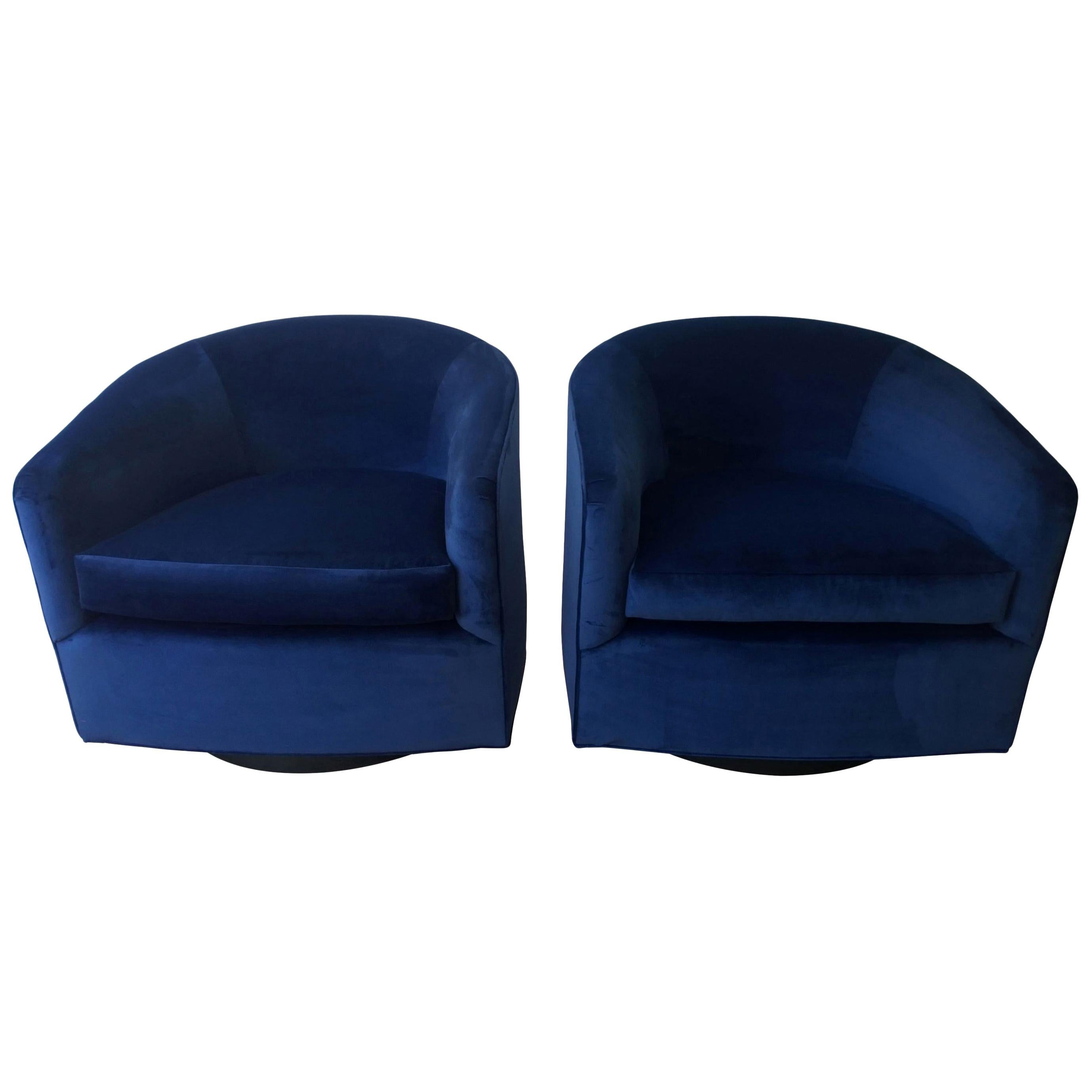 Pair of Baughman Style New Blue Cotton Velvet Swivel Chairs w/ Ebony Wood Bases For Sale