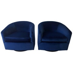Pair of Baughman Style New Blue Cotton Velvet Swivel Chairs w/ Ebony Wood Bases