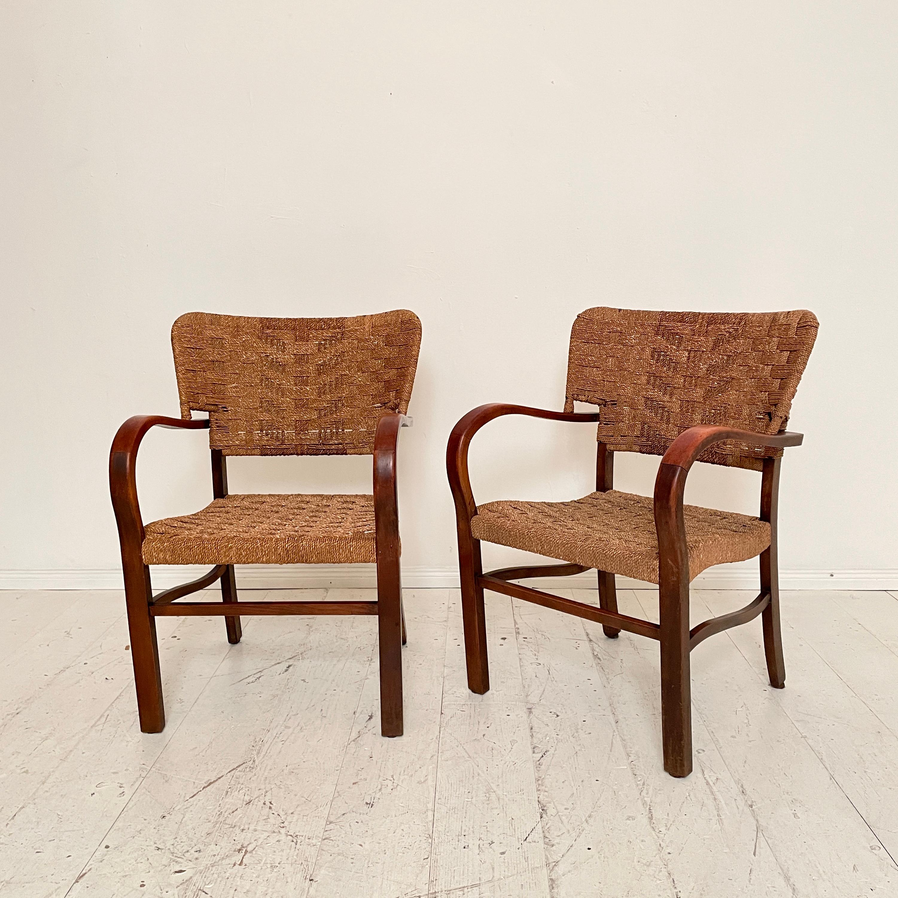 German Pair of Bauhaus Armchairs by Erich Dieckmann in Beech and Rope, 1930s