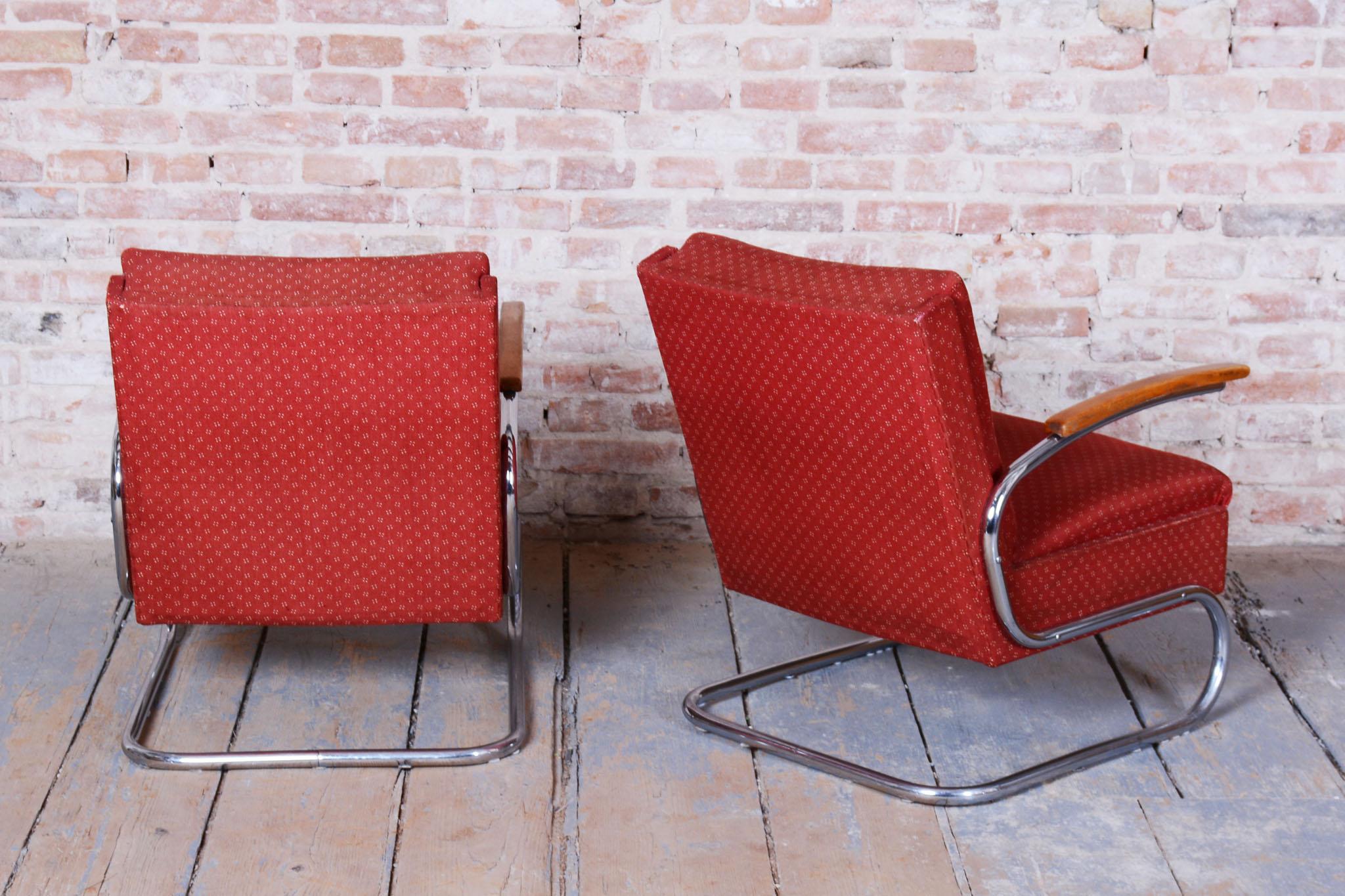 Fabric Pair of Bauhaus Armchairs, by M. Breuer, for Mücke-Melder, Chrome, Czech, 1930s For Sale