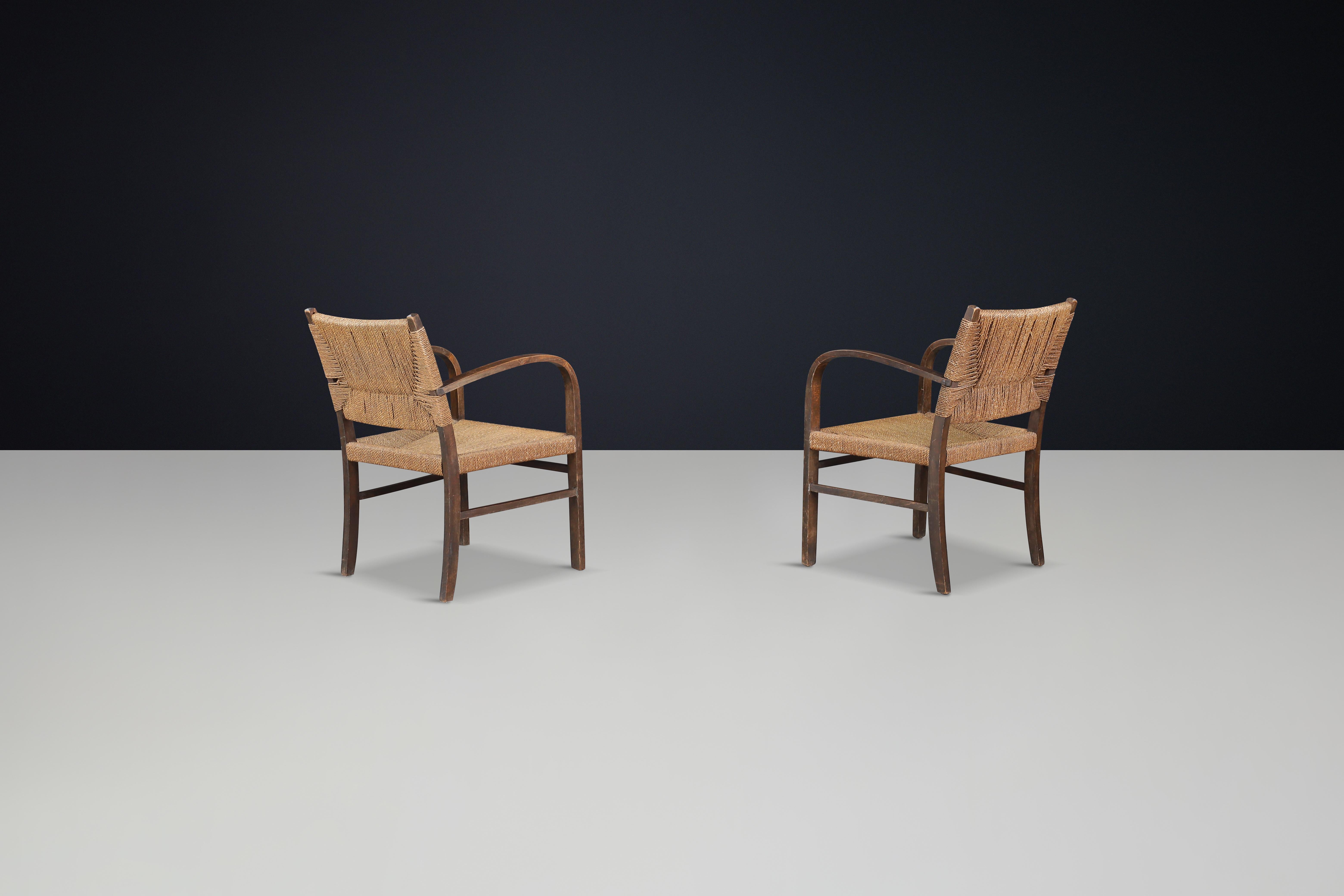 Milieu du XXe siècle Paire de fauteuils Bauhaus en hêtre et corde par Erich Dieckmann, Allemagne, années 1930 en vente