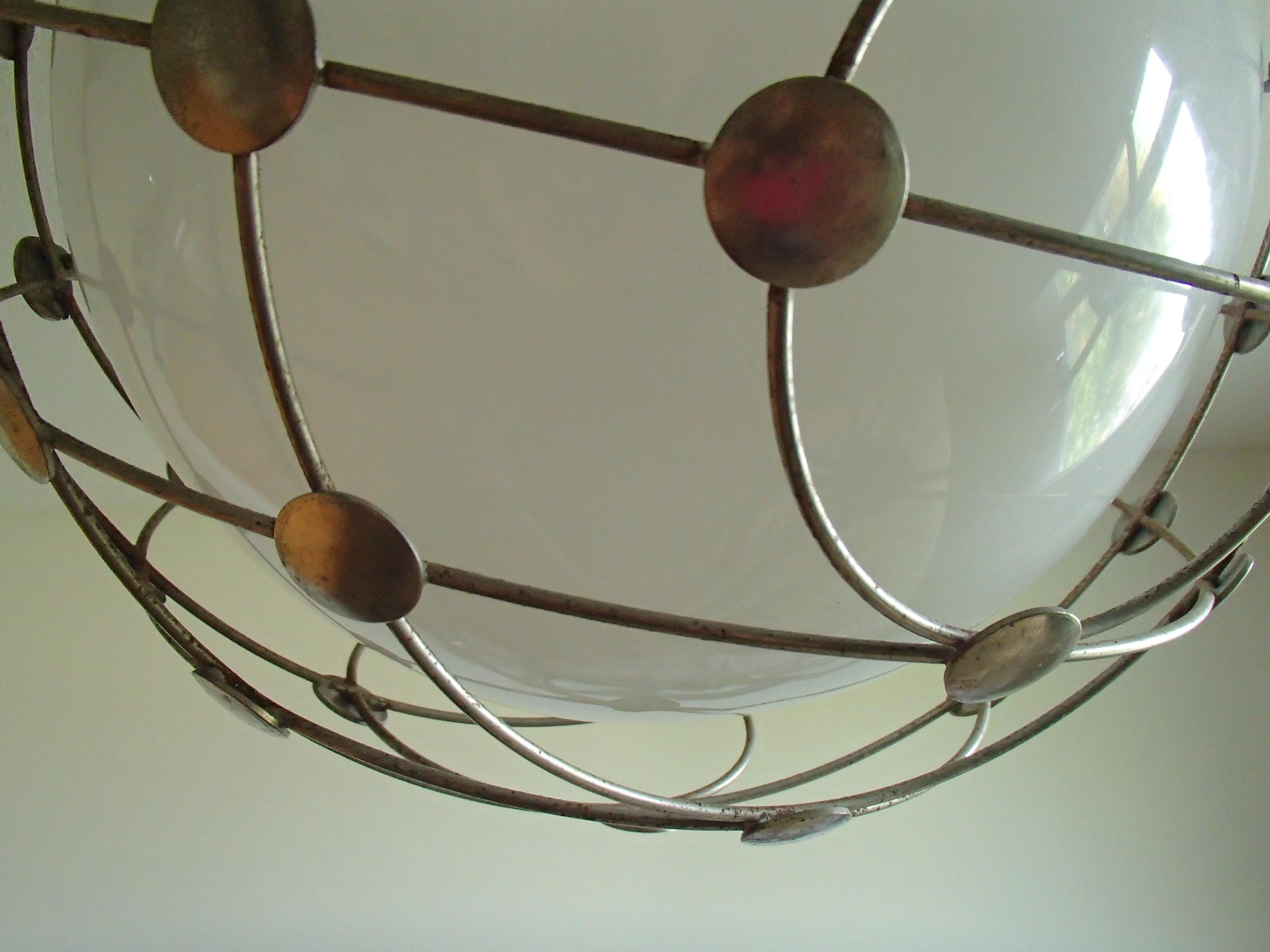 Pair of Bauhaus Chandeliers White Round Opal Glass Covered with Mesh 4